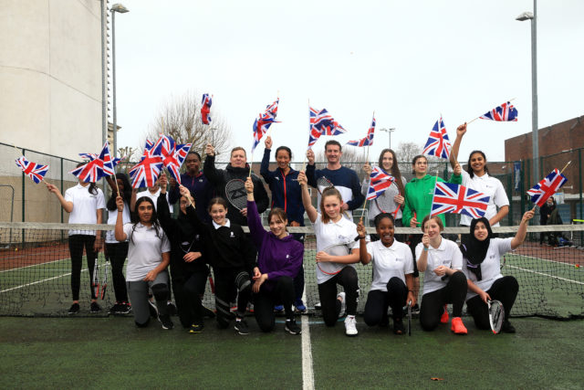 Anne Keothavong (back row, centre) at Clapton Girls Academy to announce the Copper Box's hosting of Great Britain's Fed Cup tie