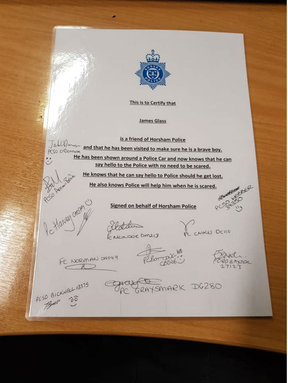 A certificate given to James by officers to say he is a friend of Horsham Police