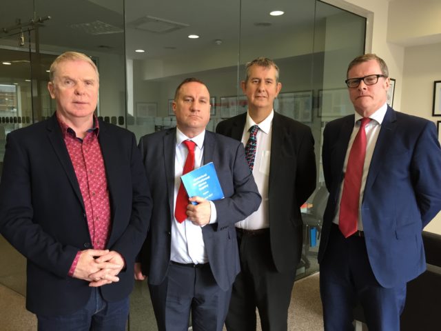 Cyril Glass and Martin Adams from Survivors Together, DUP MLA Edwin Poots and solicitor Kevin Winters