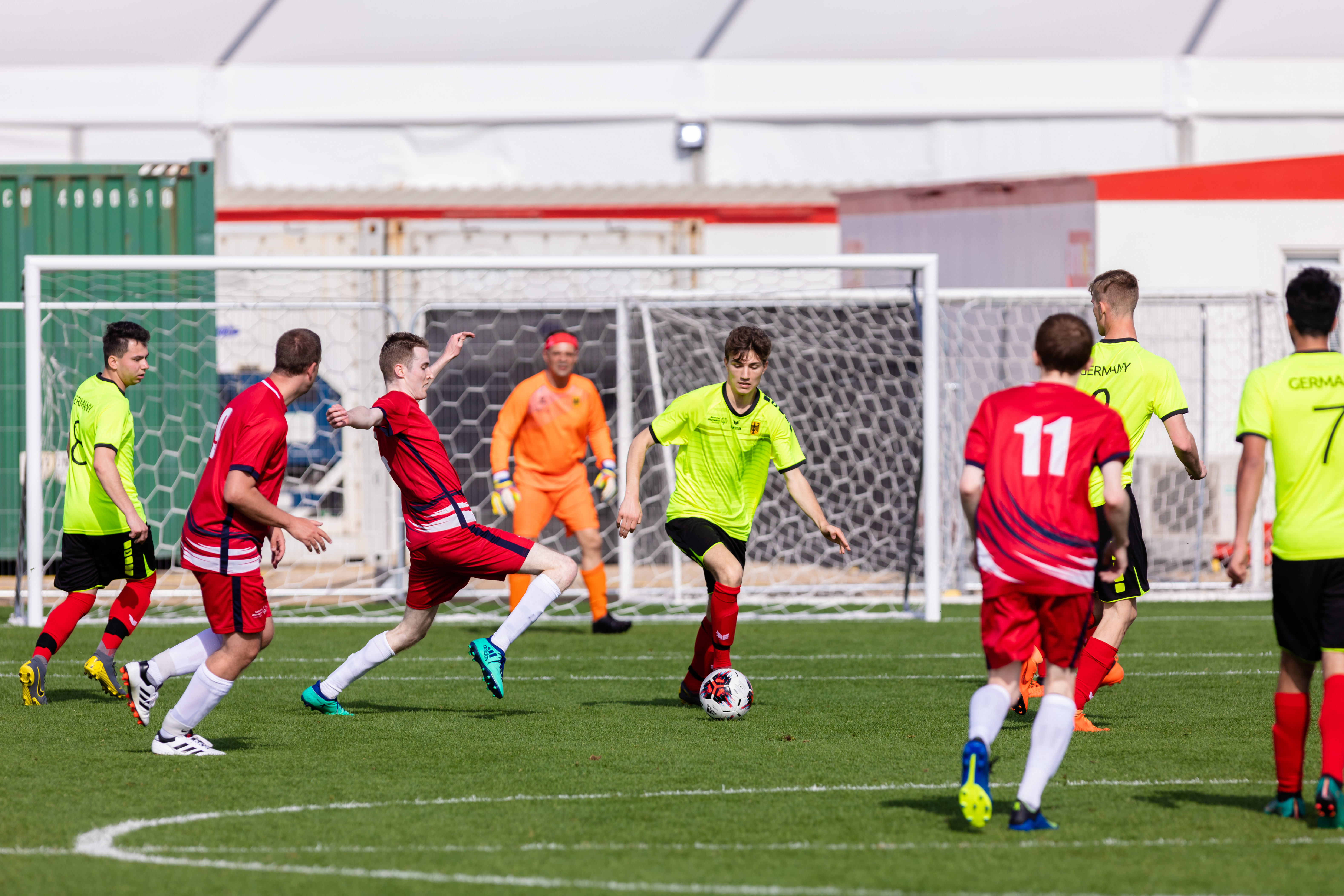 Special Olympics Great Britain and Special Olympics Germany play in a seven-a-side group match at the World Games