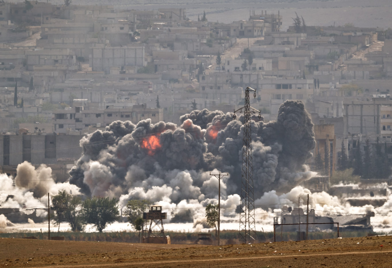 An Islamic State fighters' position in the town of Kobani during airstrikes by the US-led coalition (Vadim Ghirda/AP)