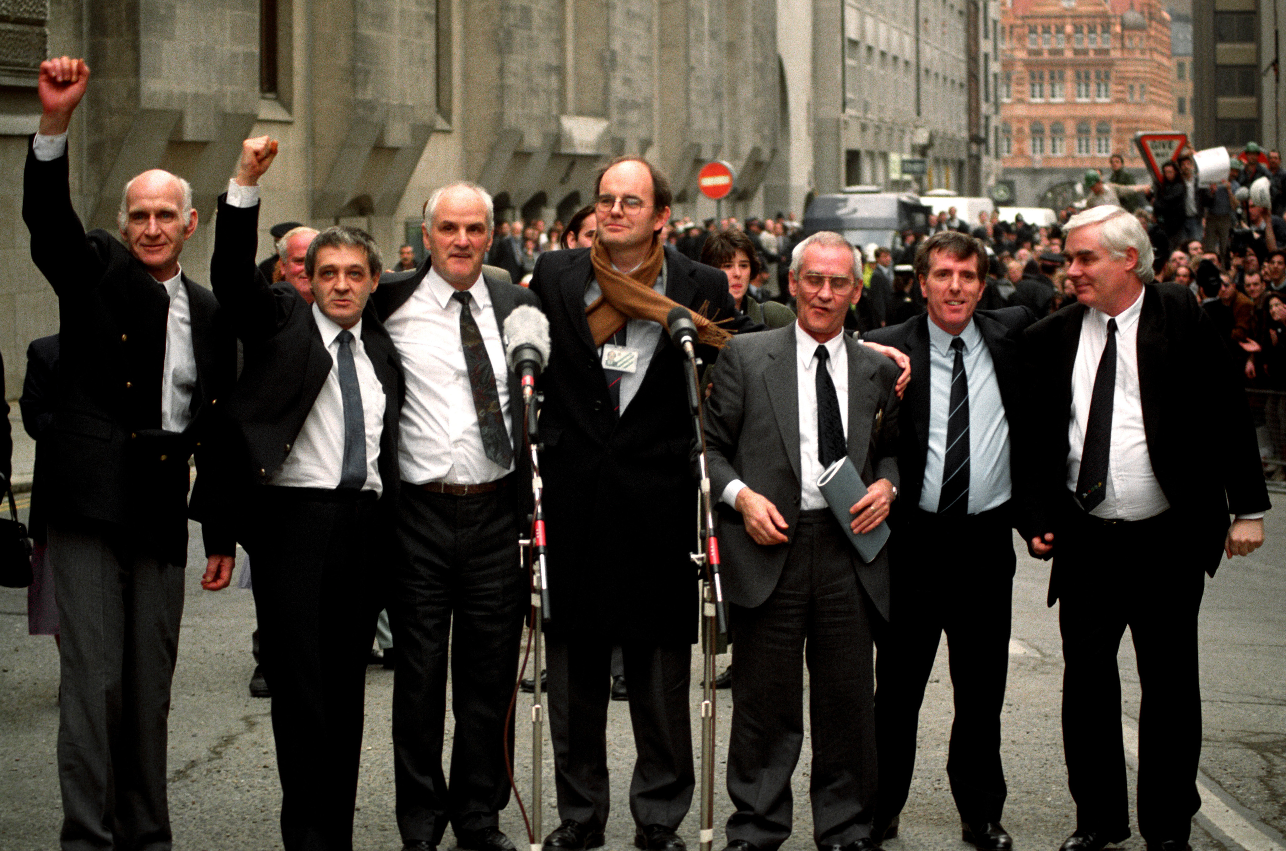 The Birmingham Six and then-MP Chris Mullen, centre, outside the Old Bailey