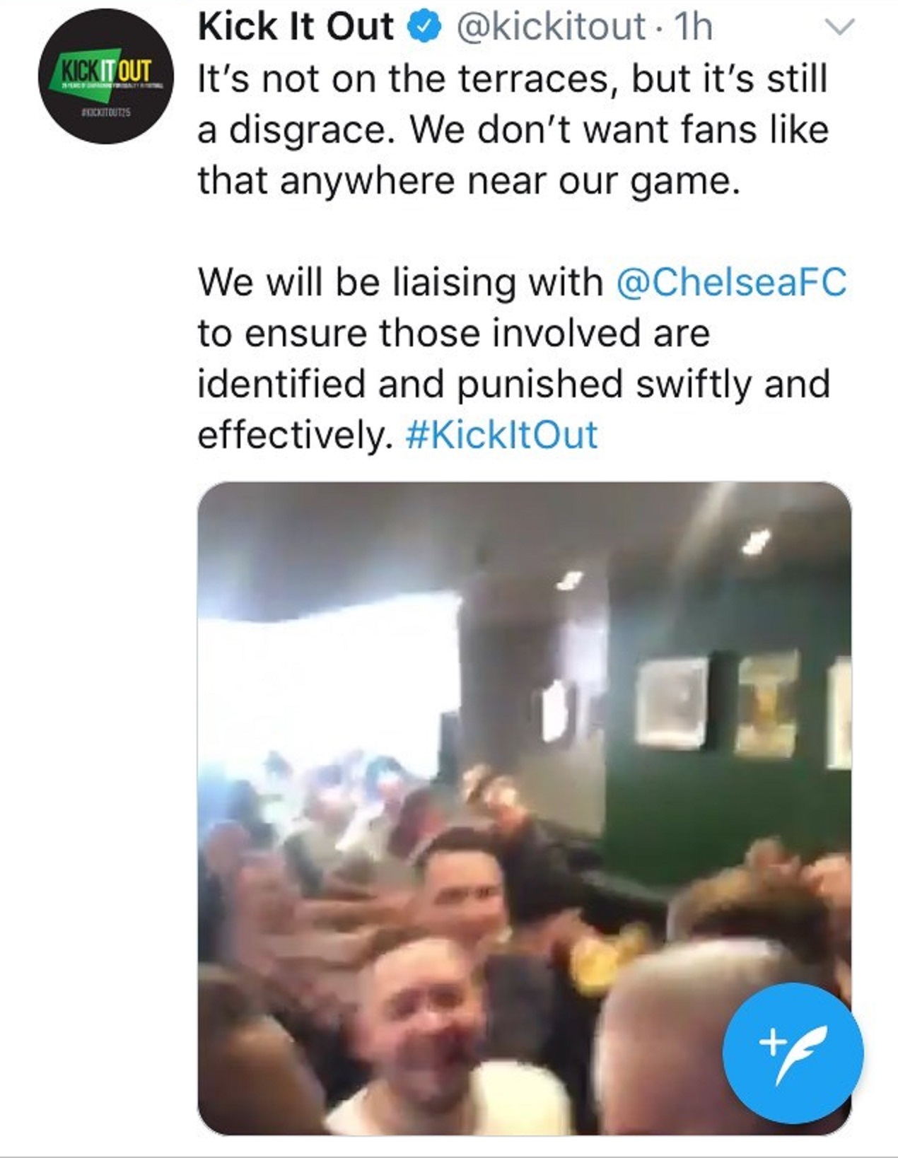 A screen grab taken from Kick It Out's Twitter account of a tweet showing video of racist chanting