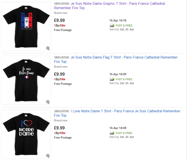 eBay Notre Dame t-shirts listings