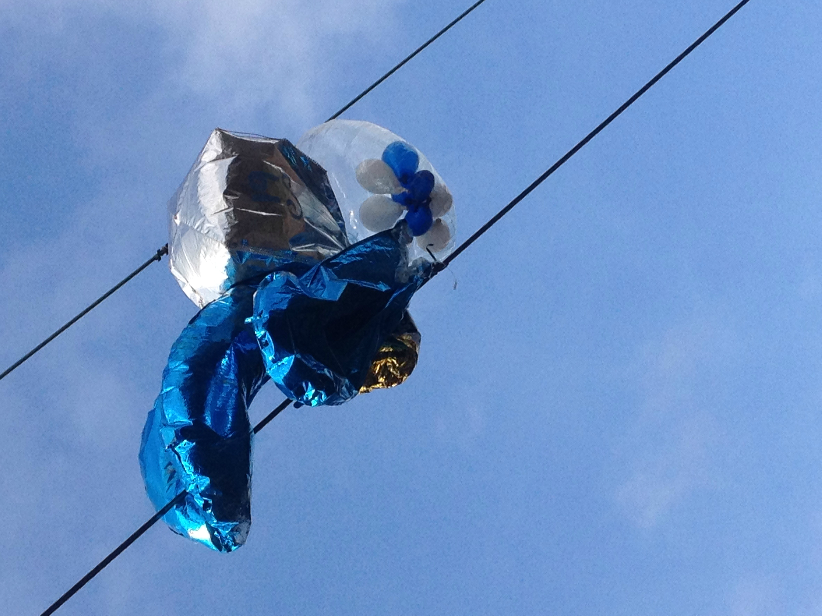 Balloons on overhead electric lines in Lea Valley, London in February 2019 (Network Rail/PA)