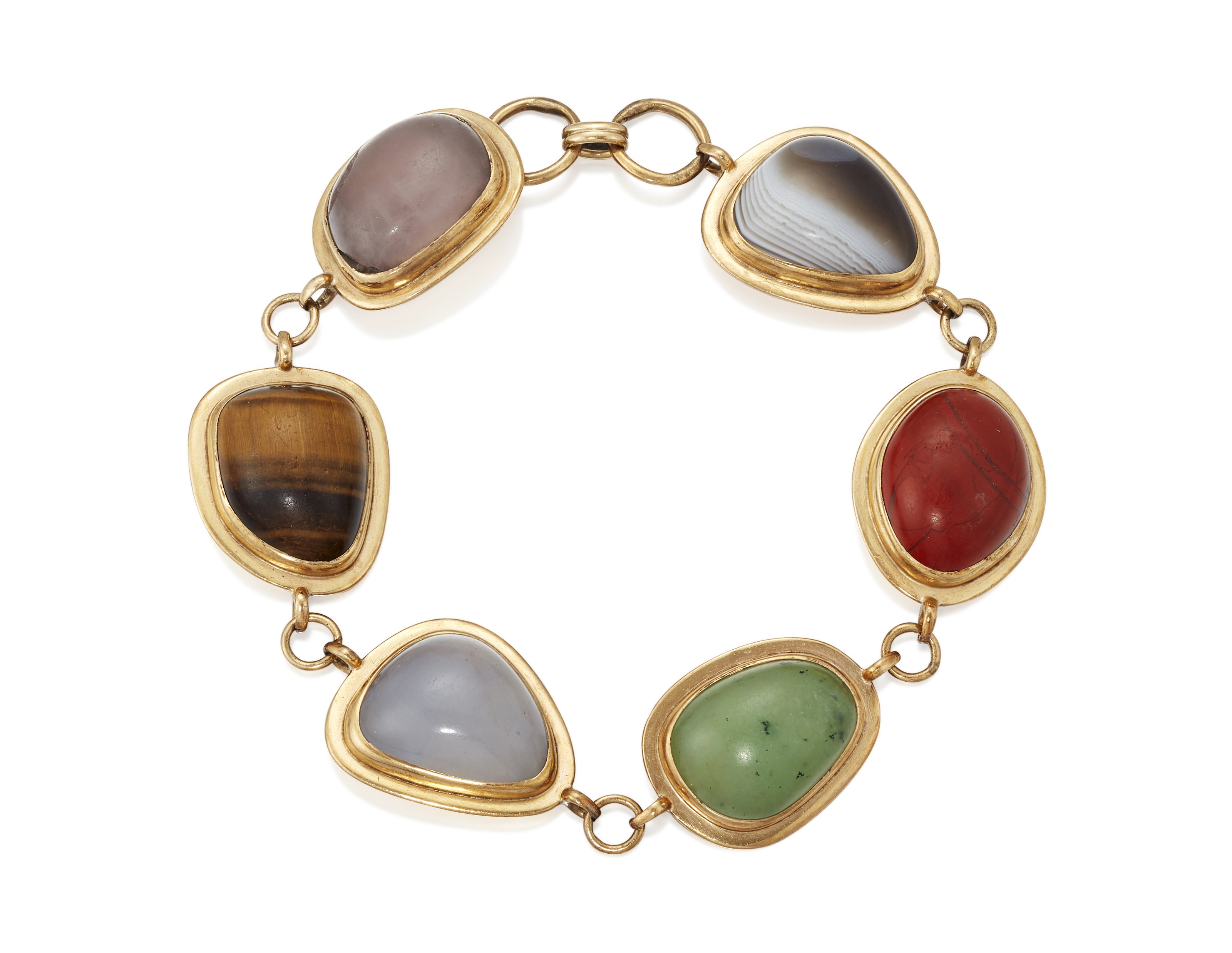 A hardstone-mounted gold bracelet of vari-shaped cabochons