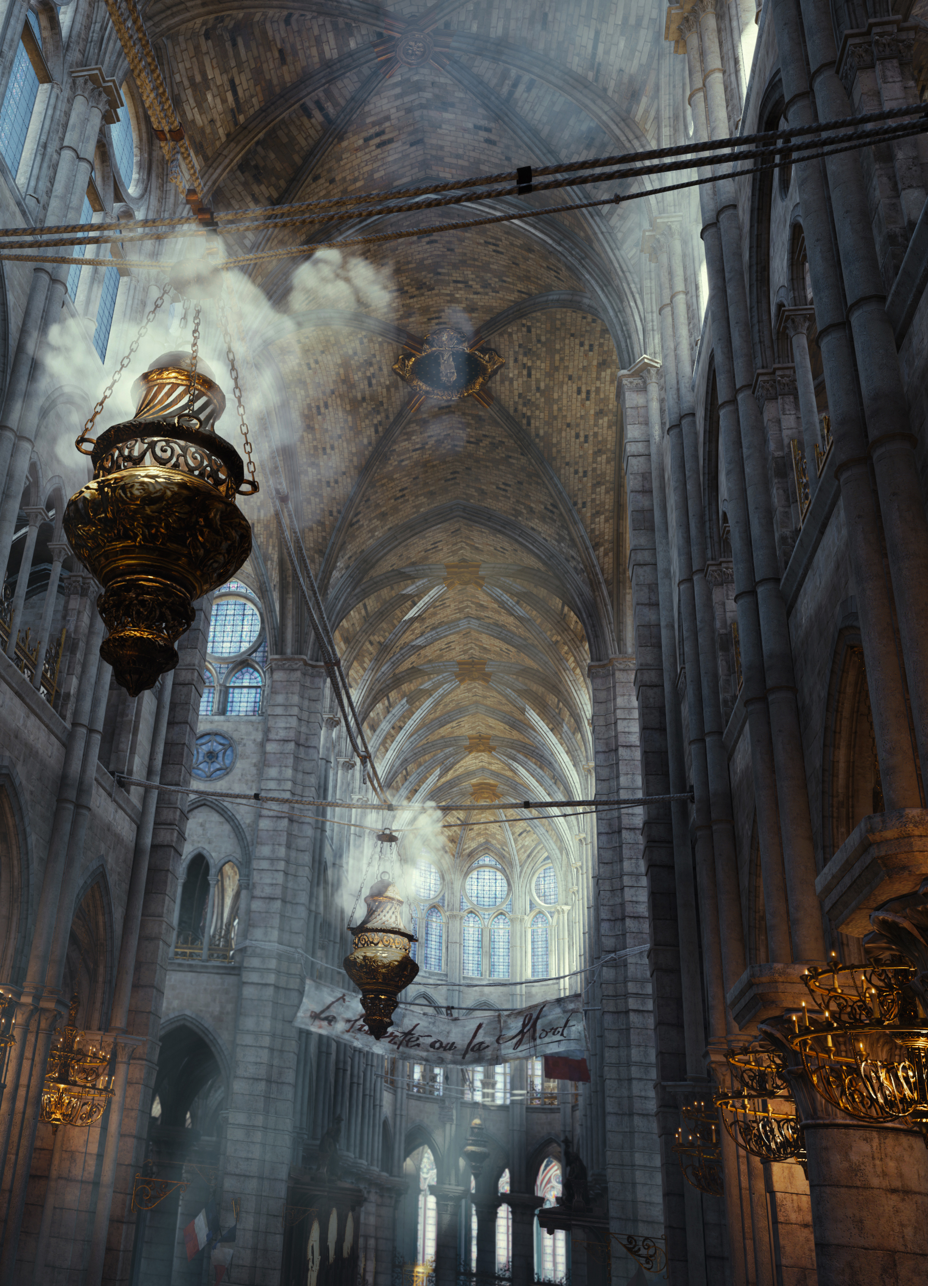 The interior of Notre-Dame Cathedral in Assassin's Creed Unity