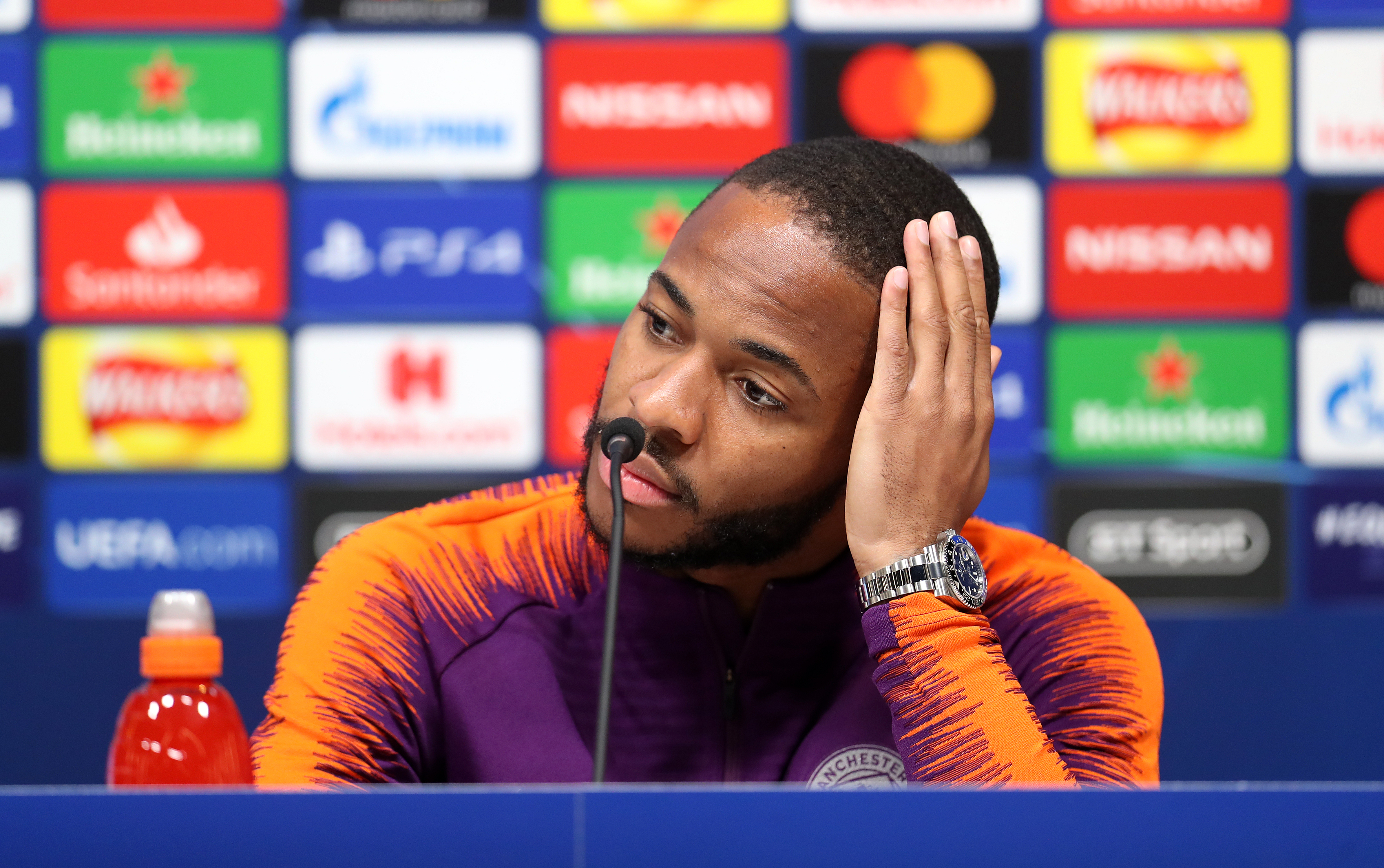 Manchester City's Raheem Sterling during the press conference at Tottenham Hotspur Stadium, London