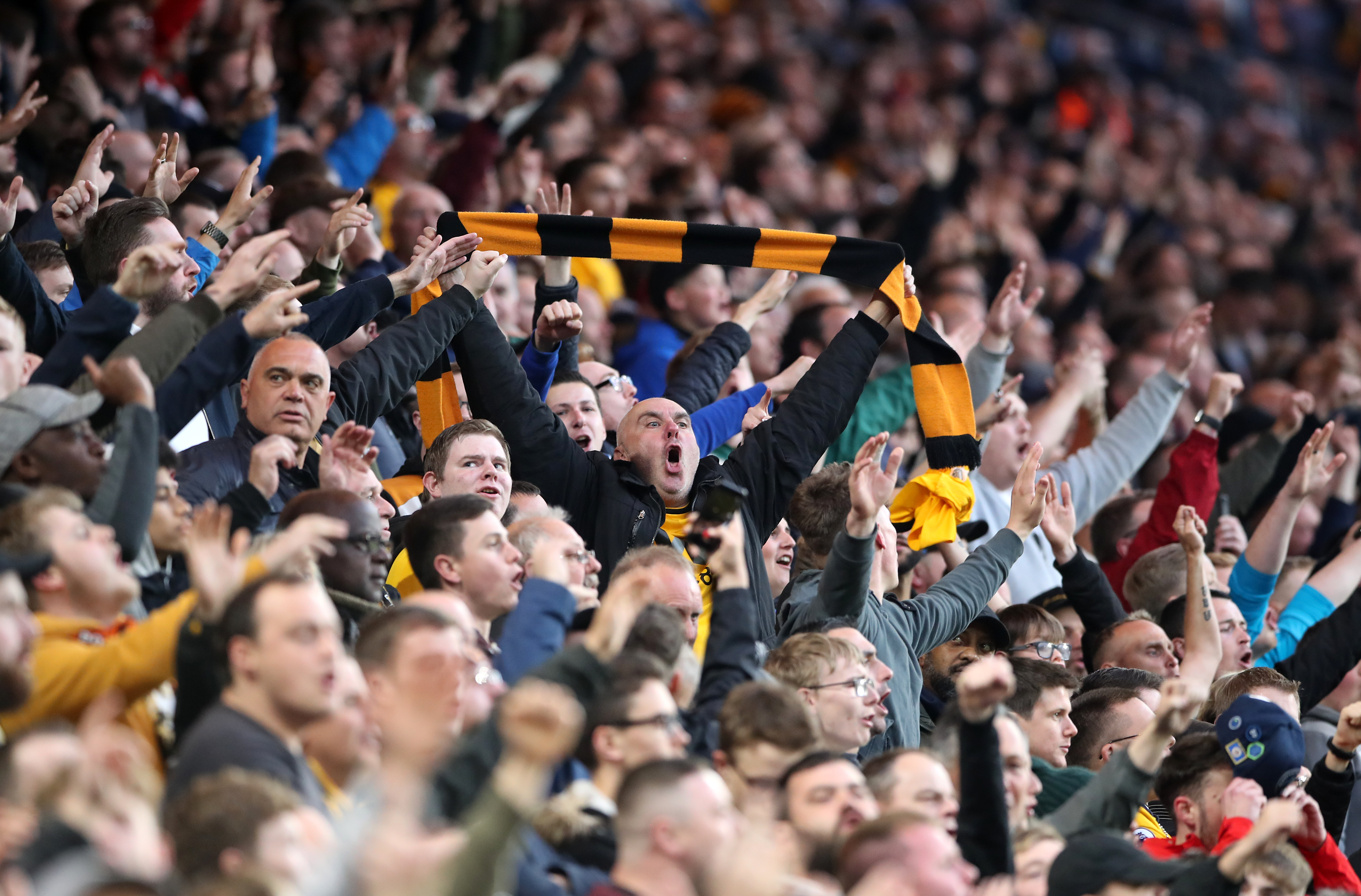 Wolverhampton Wanderers fans celebrate in the stands during a Premier League match 