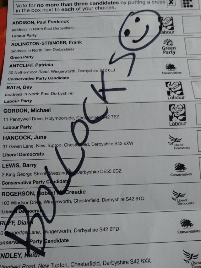 A local authority worker wrote "bollocks" on his ballot paper.