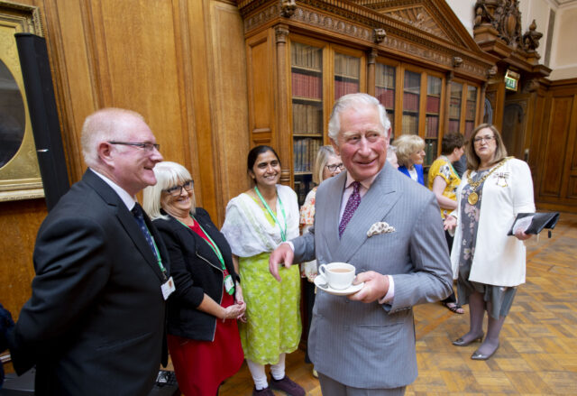 HRH Prince Charles at The Mitchell Library / Macmillan Cancer Support. Pictured HRH Prince Charles meets Macmillan volunteers and service users at The Jeffrey Room at The Mitchell Library
