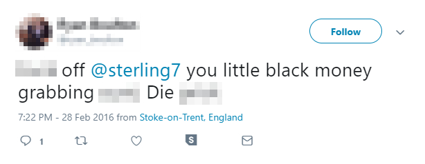 A screenshot of one of the abusive tweets aimed at Sterling 