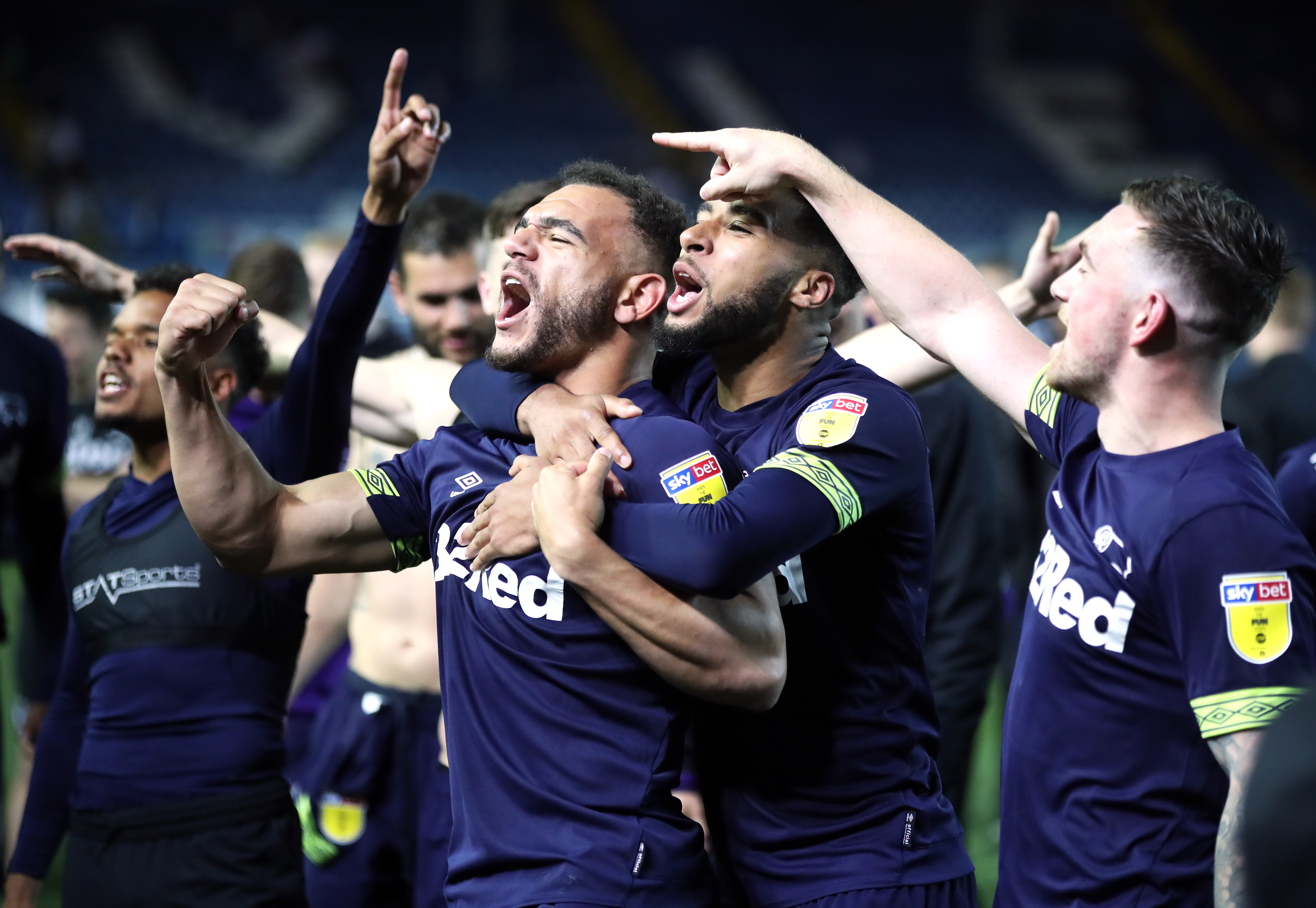 Derby County players celebrate reaching the Championship play-off final