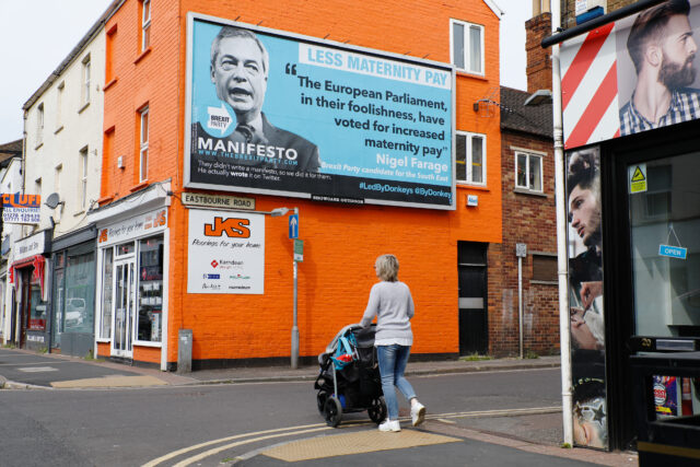 A billboard in Taunton takes aim at Nigel Farage and the Brexit Party. (Luke MacGregor/ Led By Donkeys/PA)