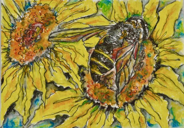 Painting of a bee on a sunflower