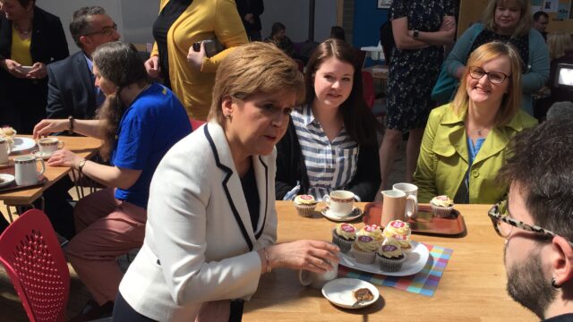 Nicola Sturgeon meeting with EU nationals in Edinburgh during the European election campaign (Tom Eden/PA)