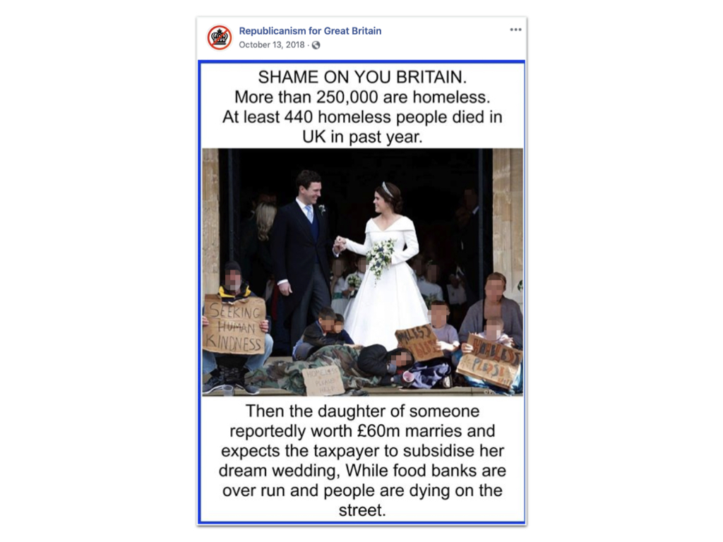 Edited photo of Princess Eugenie and Jack Brooksbank alongside homeless people