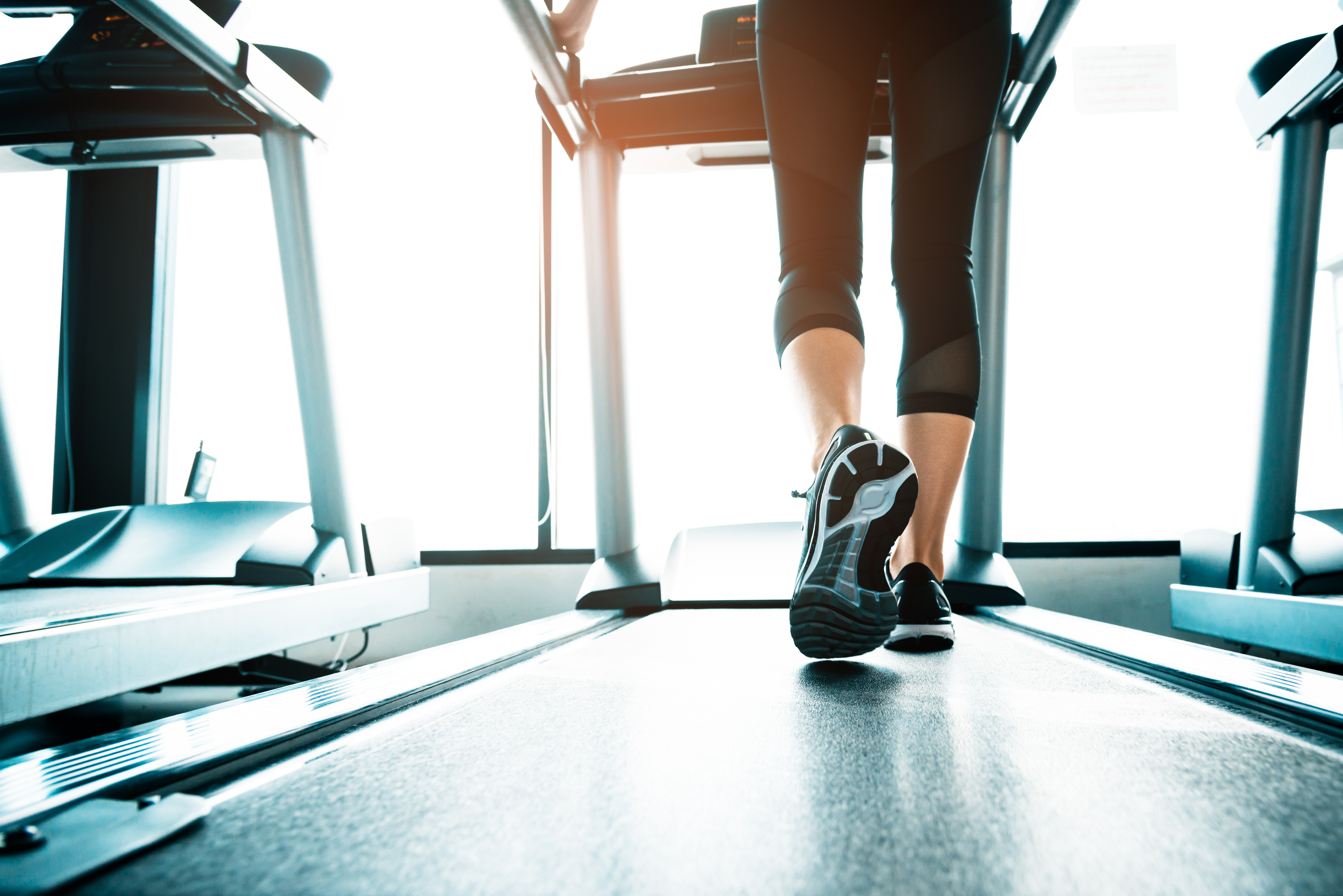 Close up of people who exercising on treadmill. Close-up of woman legs walking by treadmill in sports club. Fitness and Body build up concept. Workout and Strength training concept. Sport club theme.