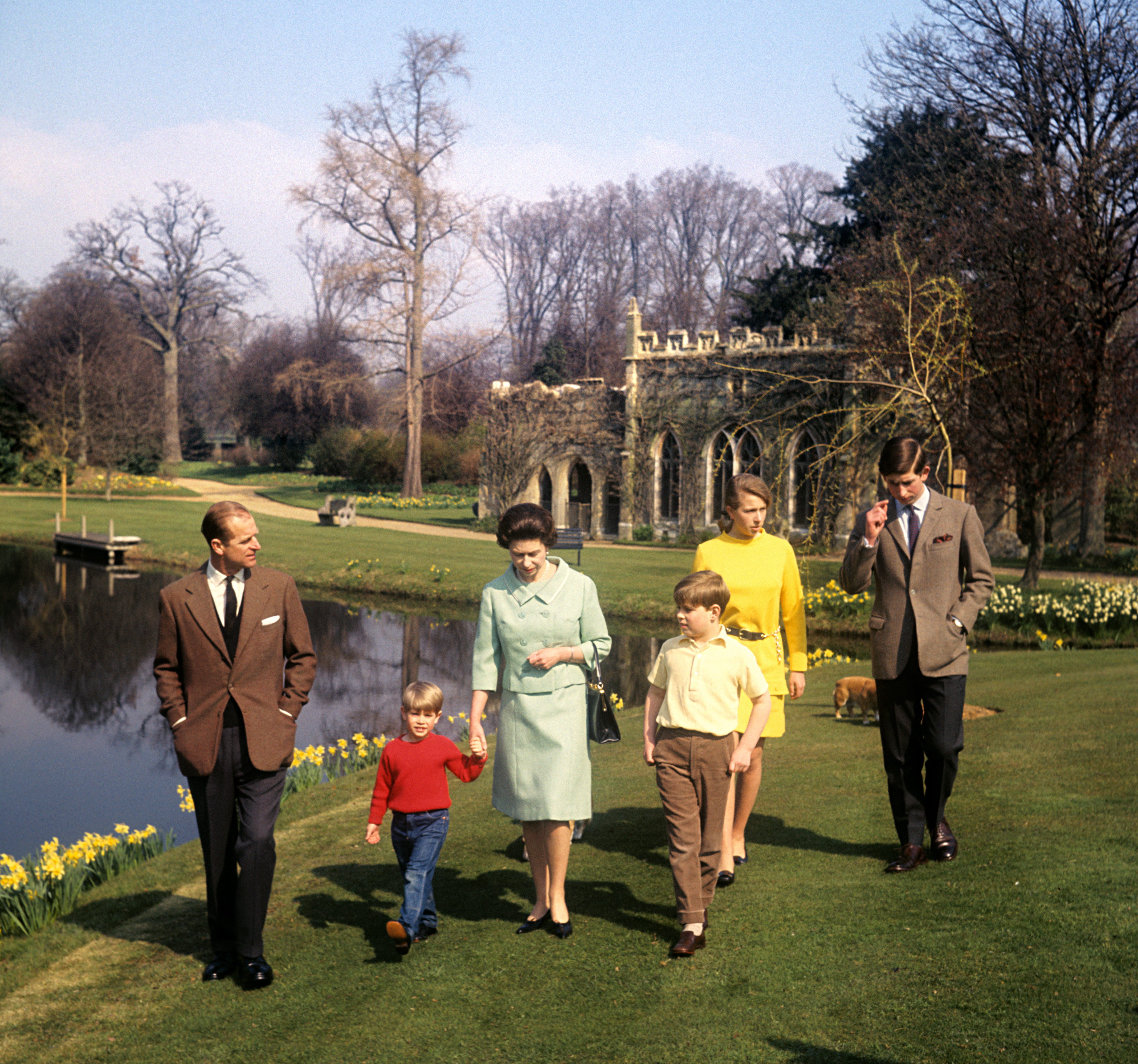 The Duke of Edinburgh, Prince Edward, the Queen, Prince Andrew, Princess Anne and Prince Charles in the grounds of Frogmore House, Windsor, in 1968