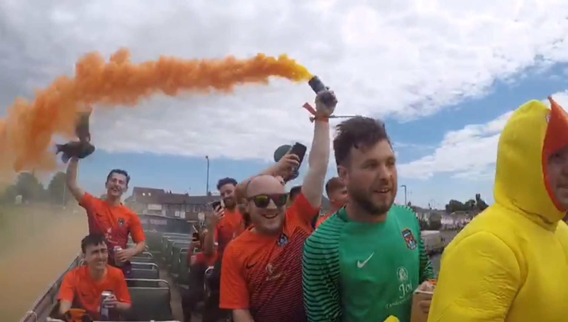 Duckpond FC celebrate winning their Sunday league with an open-top bus parade