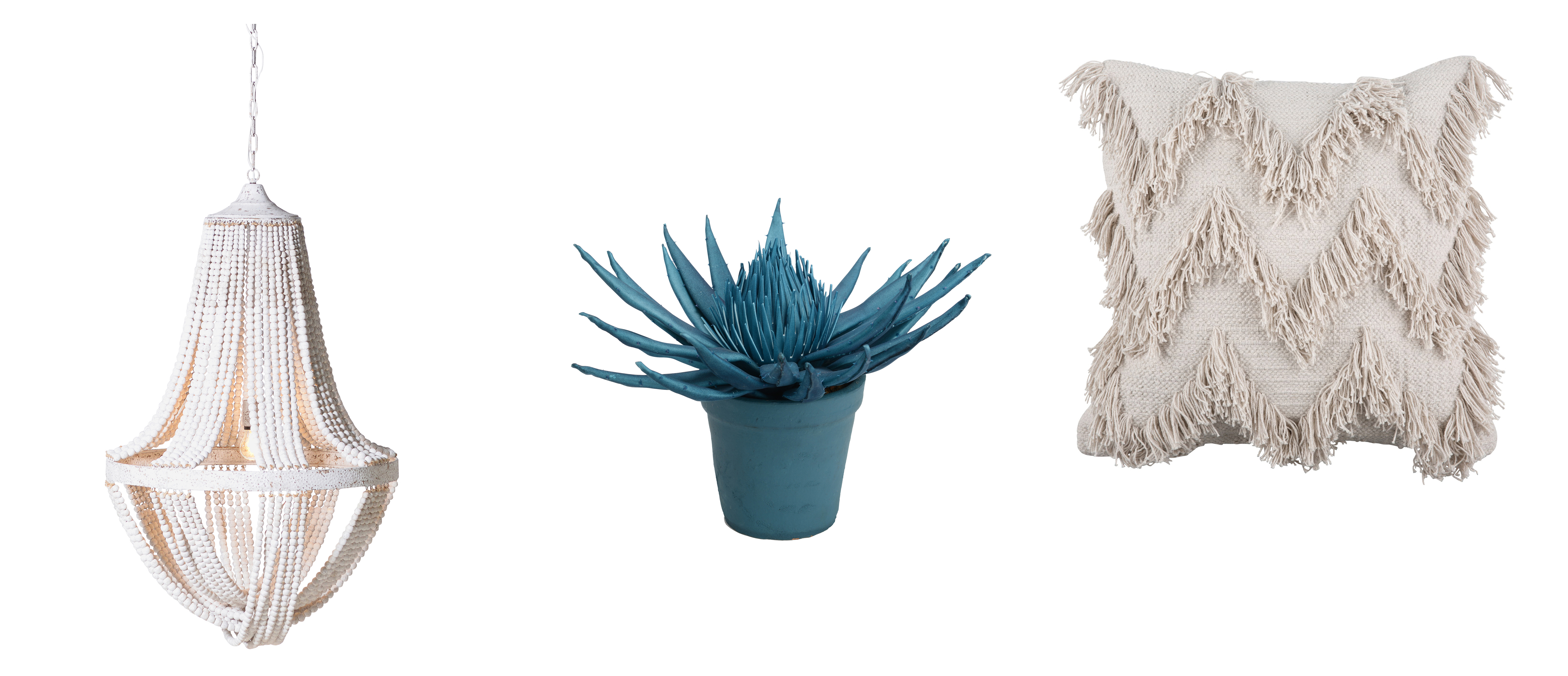 (L-R) Large Wooden Beads Artisan Chandelier, £370, The French Bedroom Company; Faux Teal Potted Plant, £29.95, Audenza (available end July); Analisa Cushion White Sands, £47.75, The Taylor (The French Bedroom Company/Audenza/The Taylor/PA)