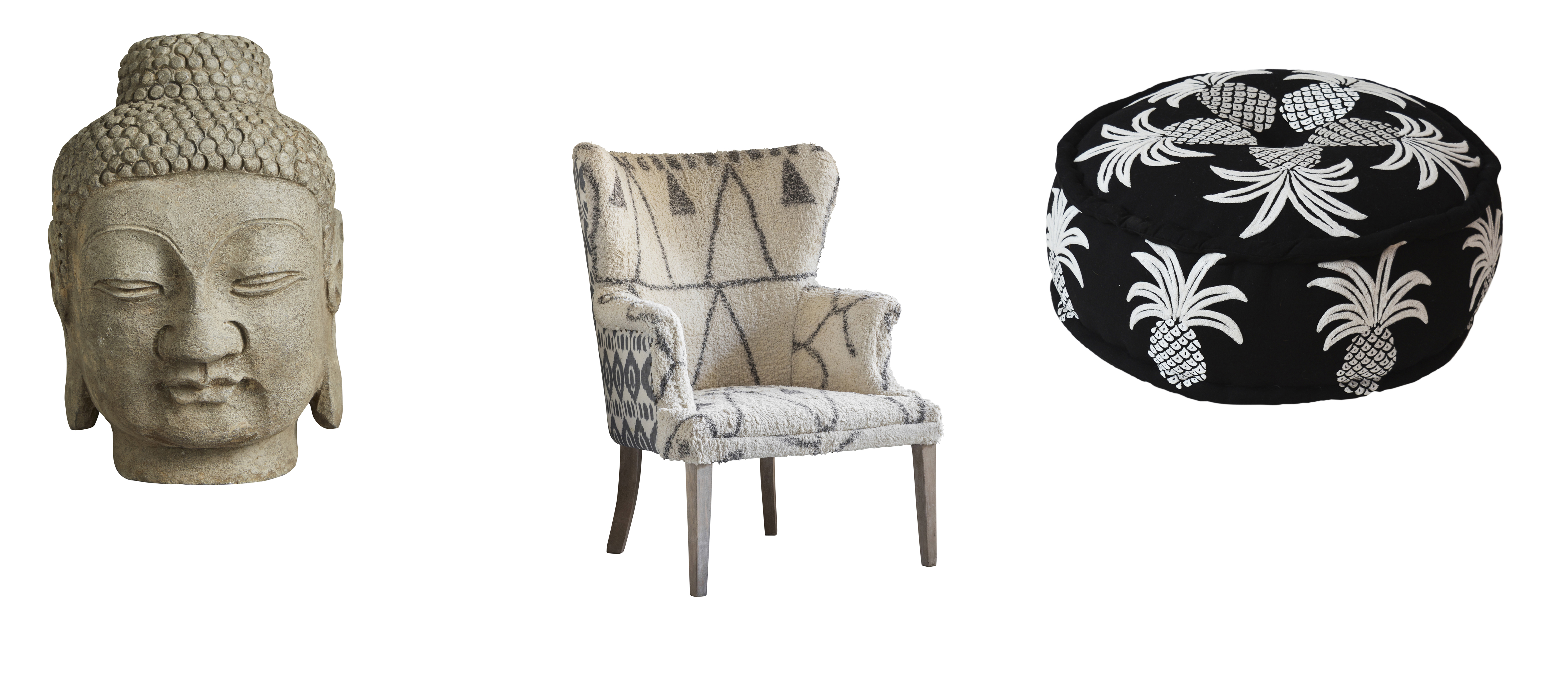 (L-R) Medium Carved Stone Buddha Head, £59, Shimu; Sahara Armchair, upholstered in textured cotton in Berber Print, £599, Atkin and Thyme; Pineapple Pouffe – Black & White, £95, Sweetpea & Willow (Shimu/Atkin & Thyme/Sweetpea & Willow/PA)