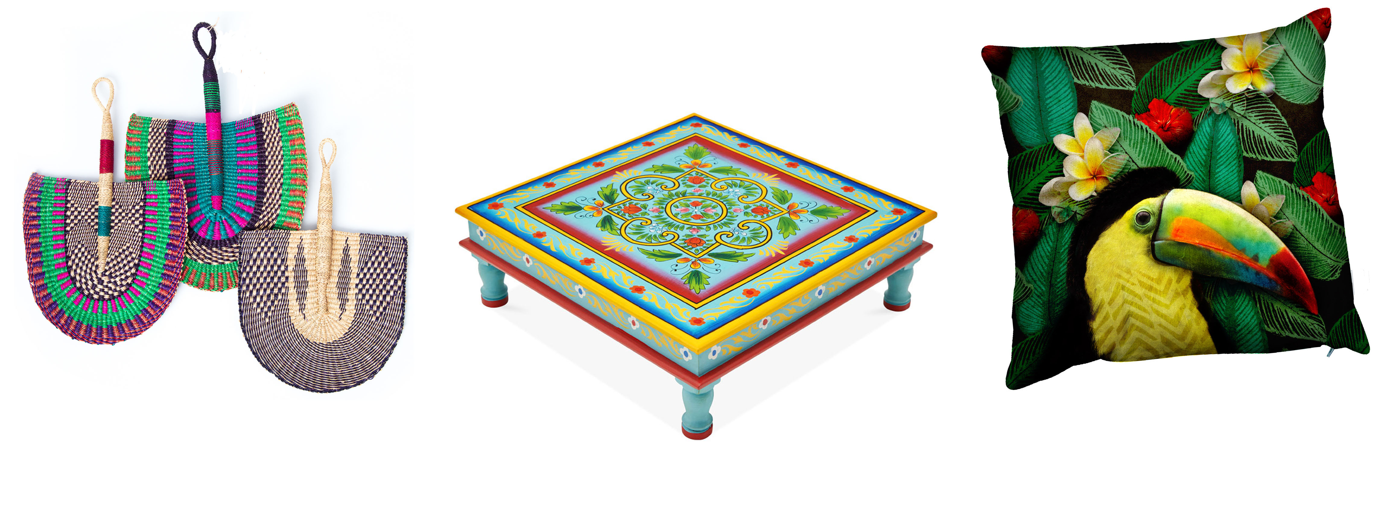 (L-R) Bolga Fans, Set of Three, Oasis, £59, Lola & Mawu; Hand Painted Indian Bagot Table, Green/Aqua, £39, Boutique Camping; Tino Toucan Jungle House Cushion, Beaumonde (Lola & Mawu; Boutique Camping; Beaumonde/PA)