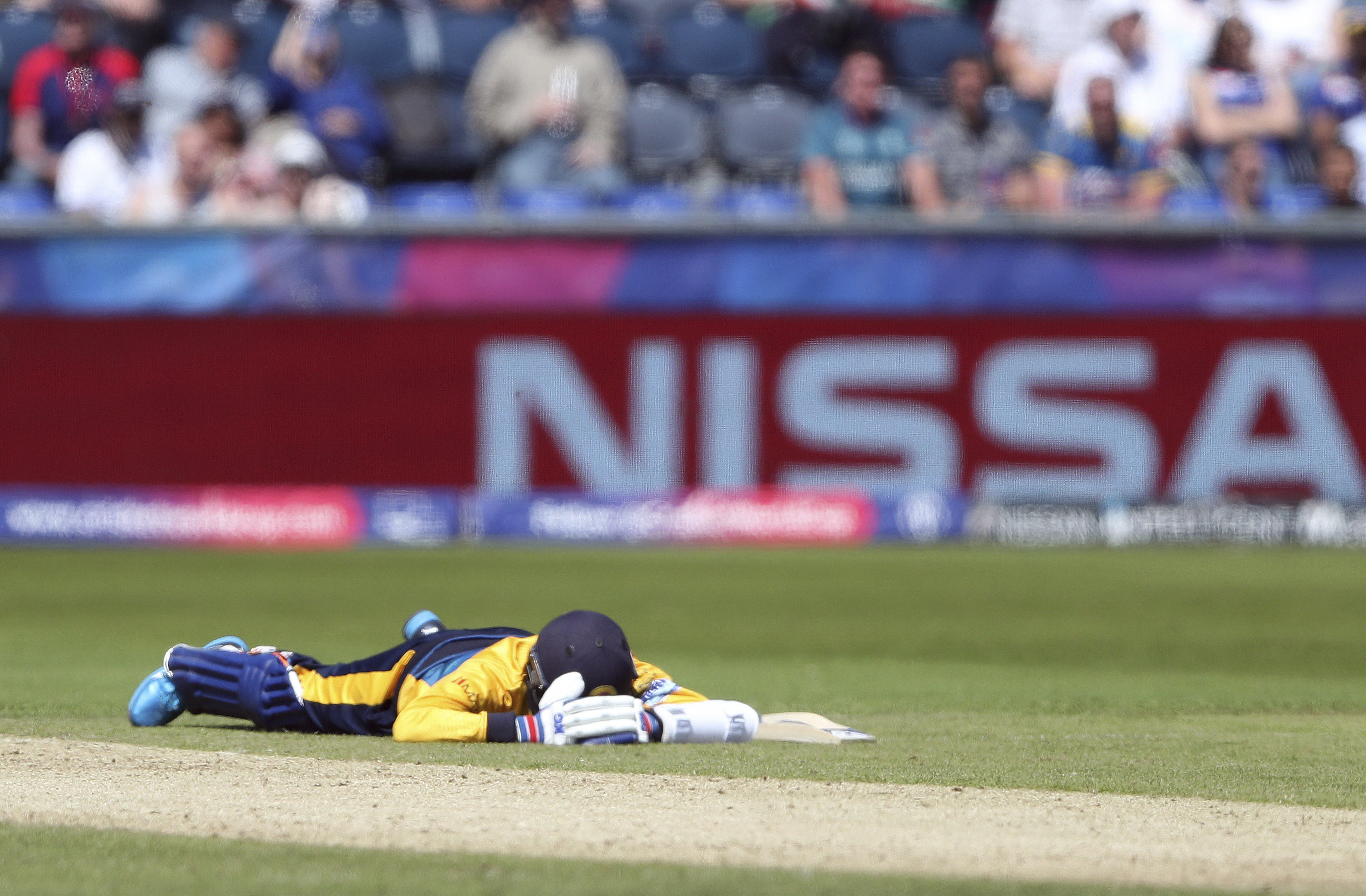 A Sri Lanka player laying face down on the ground to avoid a swarm of bees that have come across the ground during the Cricket World Cup match between Sri Lanka and South Africa 