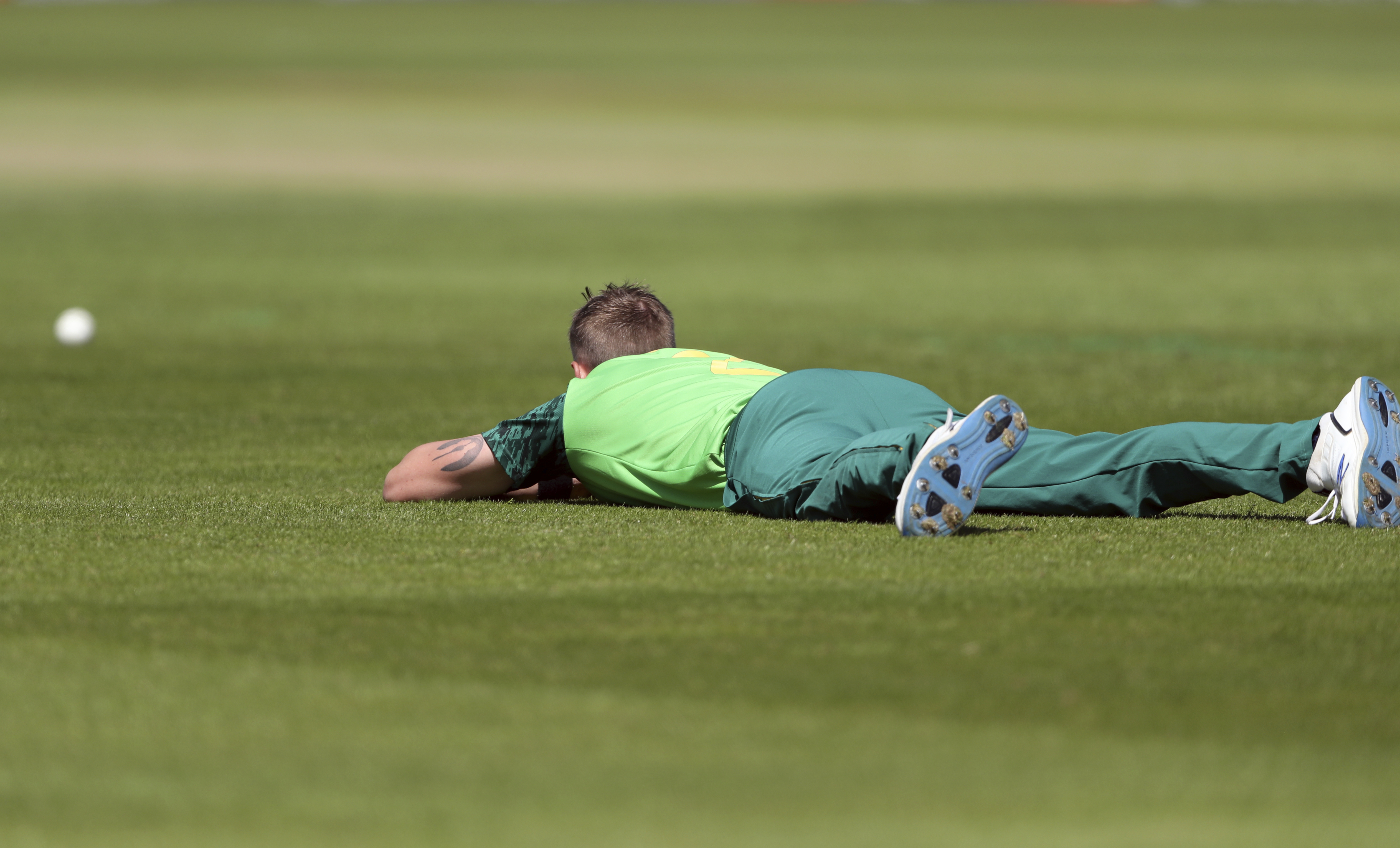 South Africa's bowler Chris Morris lies on the ground to avoid a swarm of bees that have come across the ground during the Cricket World Cup match between Sri Lanka and South Africa