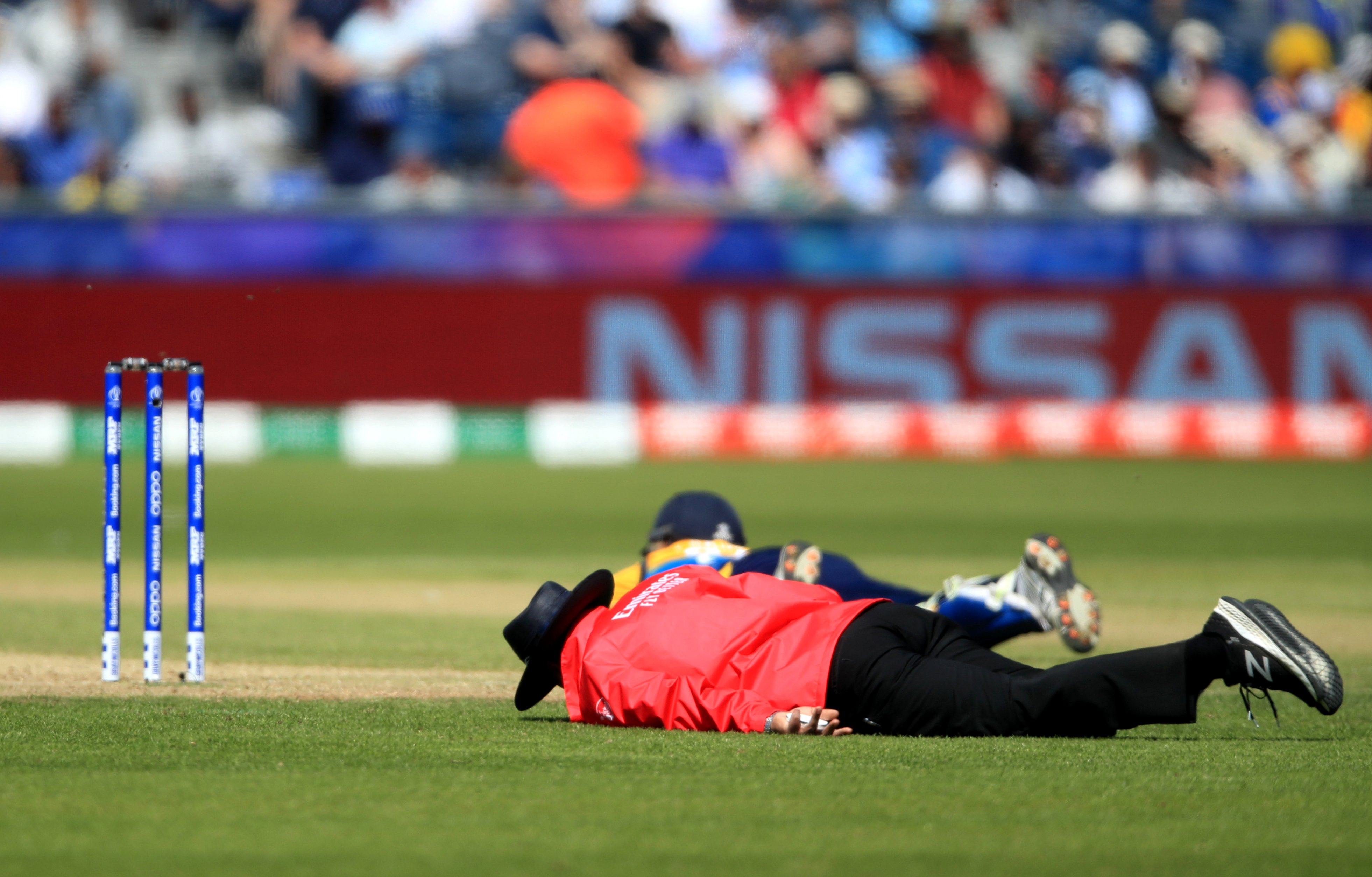 A swarm of bees sweeps over the ground shortly before the end of the innings, forcing players and umpires to lie flat during the ICC Cricket World Cup group stage match at Riverside Durham between Sri Lanka and South Africa