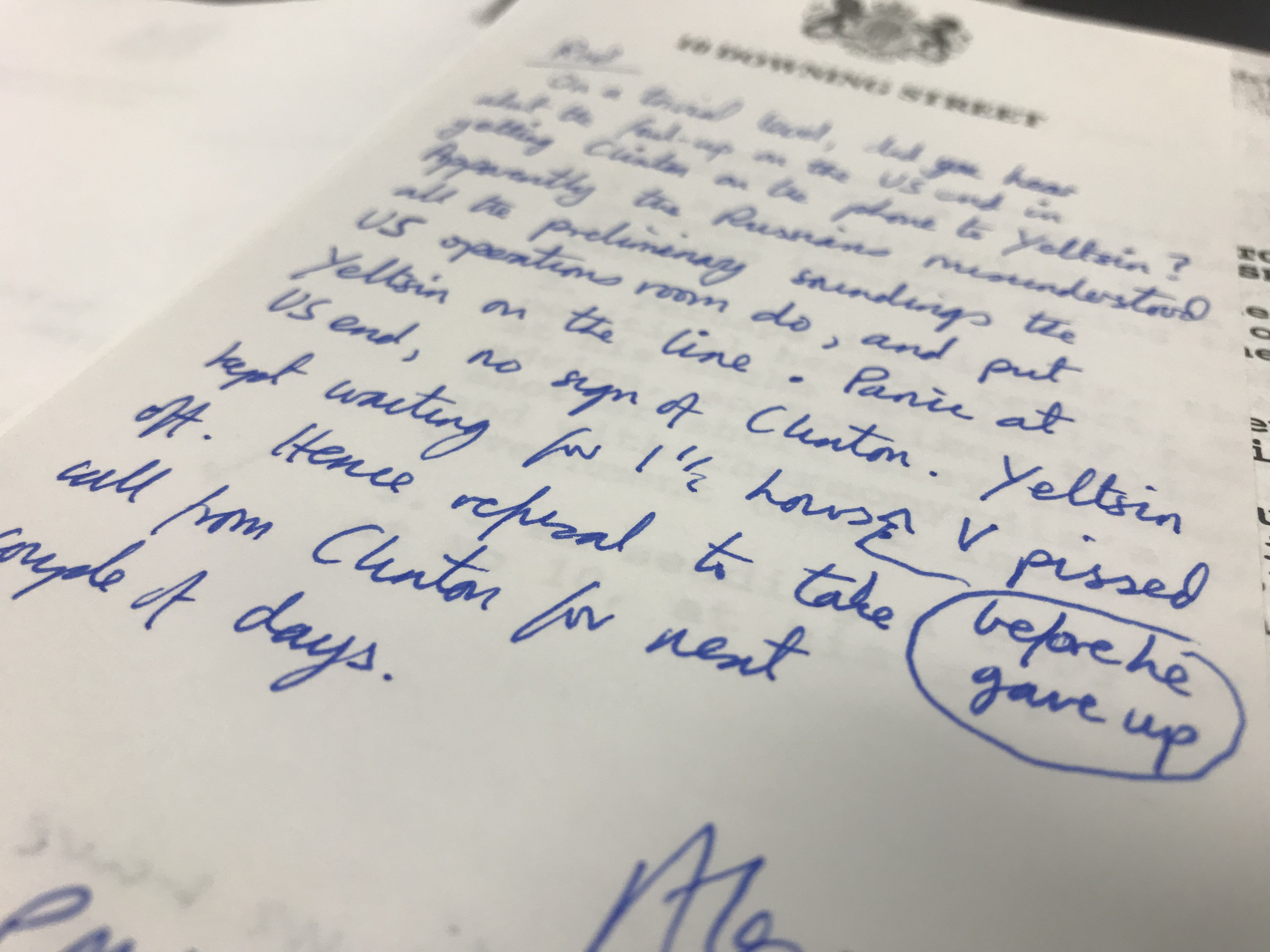 A handwritten note on Downing Street paper reveal how Boris Yeltsin was kept on hold for 90 minutes to Bill Clinton in 1994. Picture: National Archives / Ryan Hooper