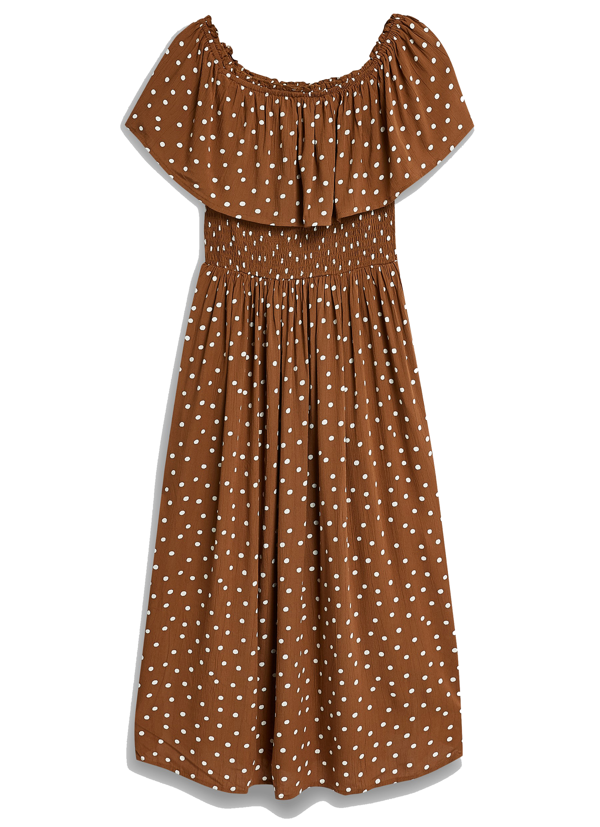 chocolate polka dot one shoulder ruffle detail pleated midi dress