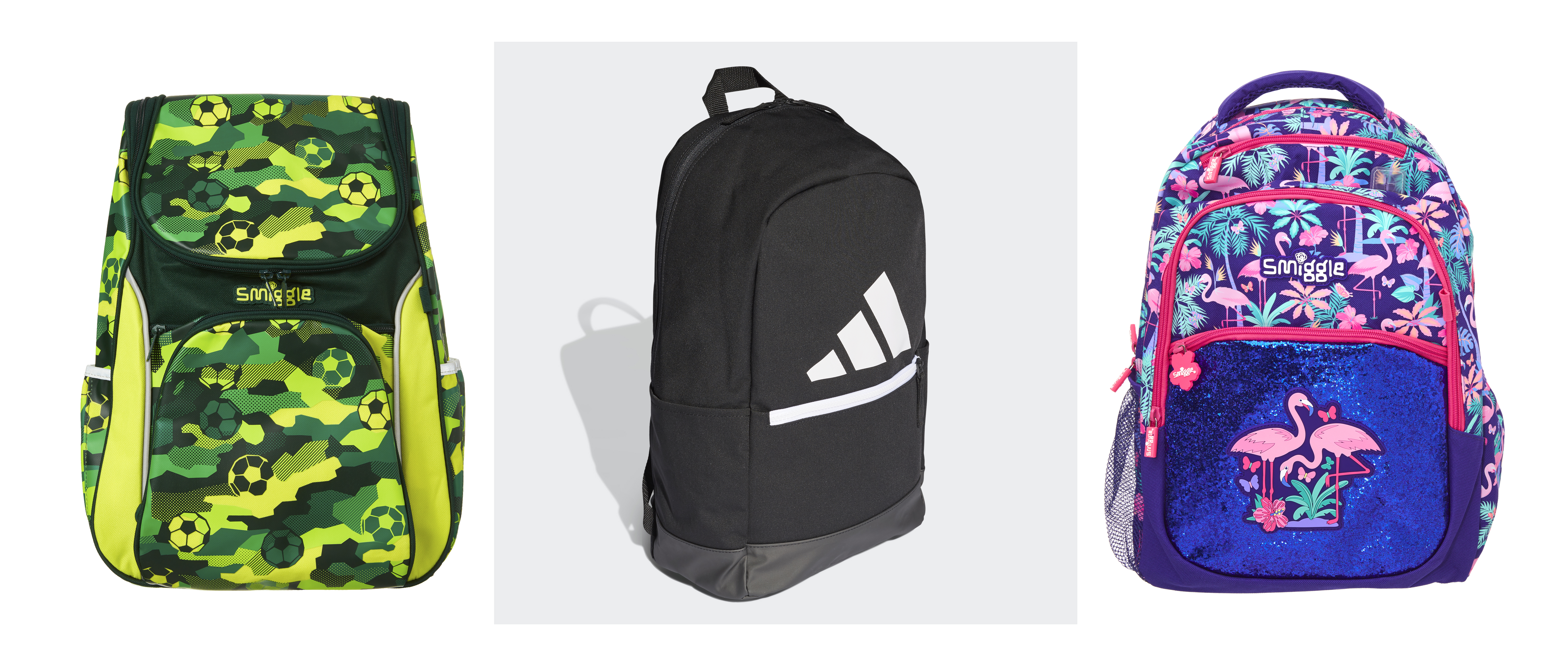 A selection of school bags from Smiggle and Adidas