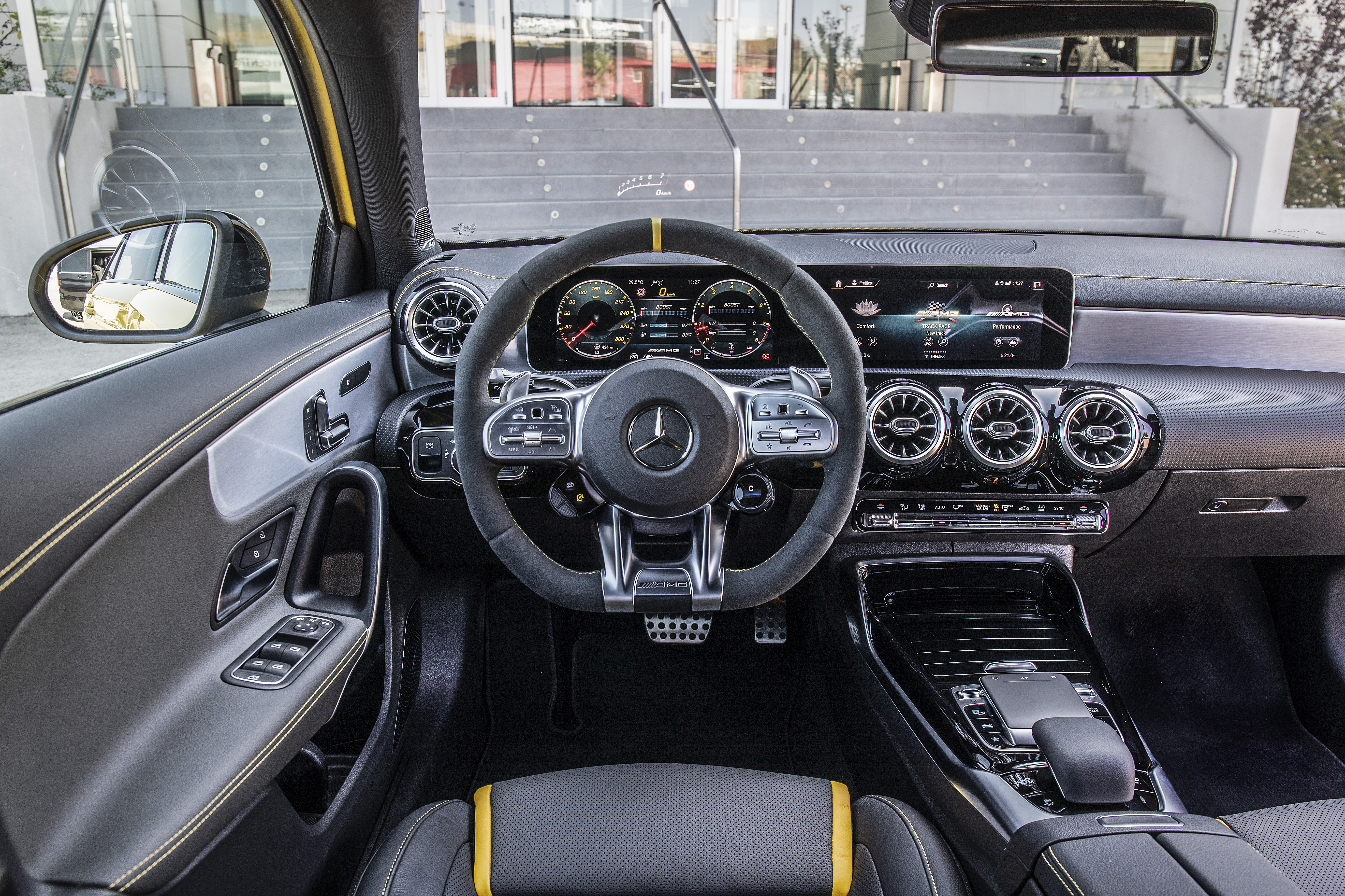 The interior boasts sports seats and a sports steering wheel