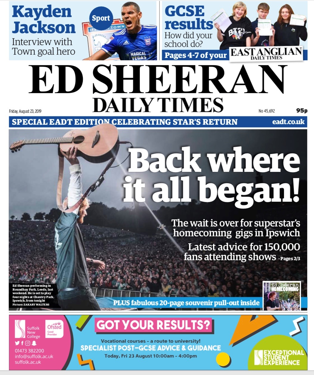 Ed Sheeran's local newspaper the East Anglian Daily Times has changed its name to the Ed Sheeran Daily Times for the day to honour the local star. (East Anglian Daily Times/ PA)