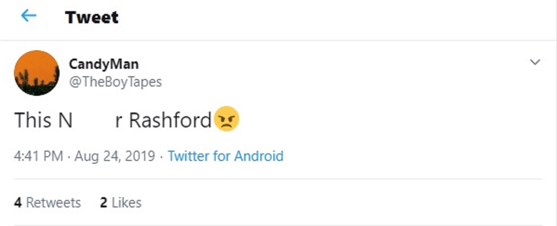 A screen grab of an offensive tweet aimed at Manchester United's Marcus Rashford