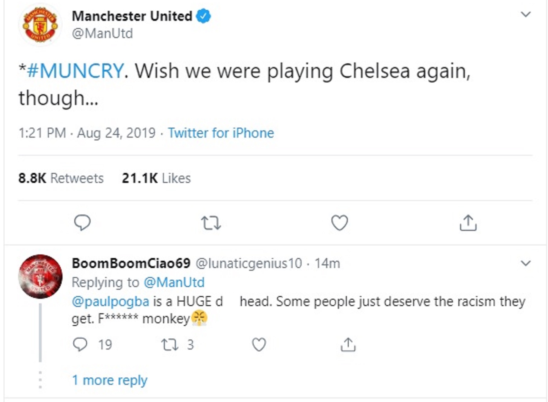 A screen grab of an offensive tweet aimed at Manchester United's Marcus Rashford