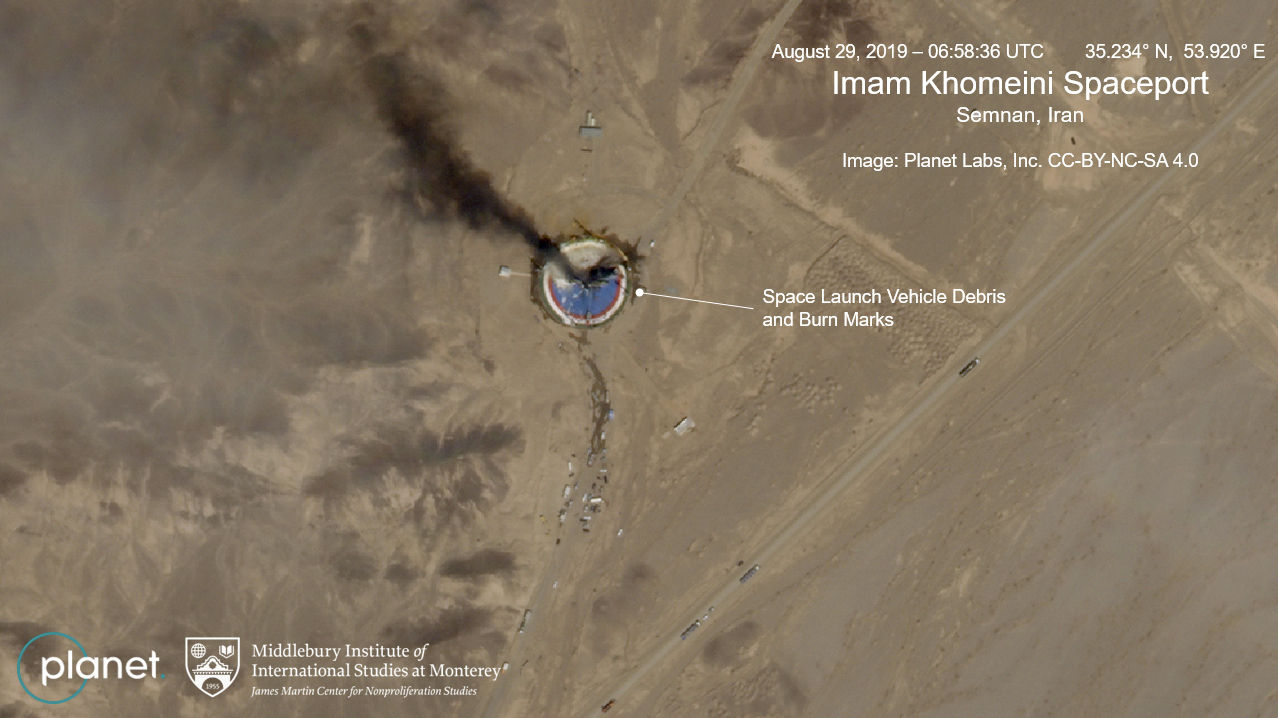 Annotated satellite image showing a fire at a rocket launch pad at the Imam Khomeini Space Centre in Iran's Semnan province (Planet Labs Inc, Middlebury Institute of International Studies via AP)