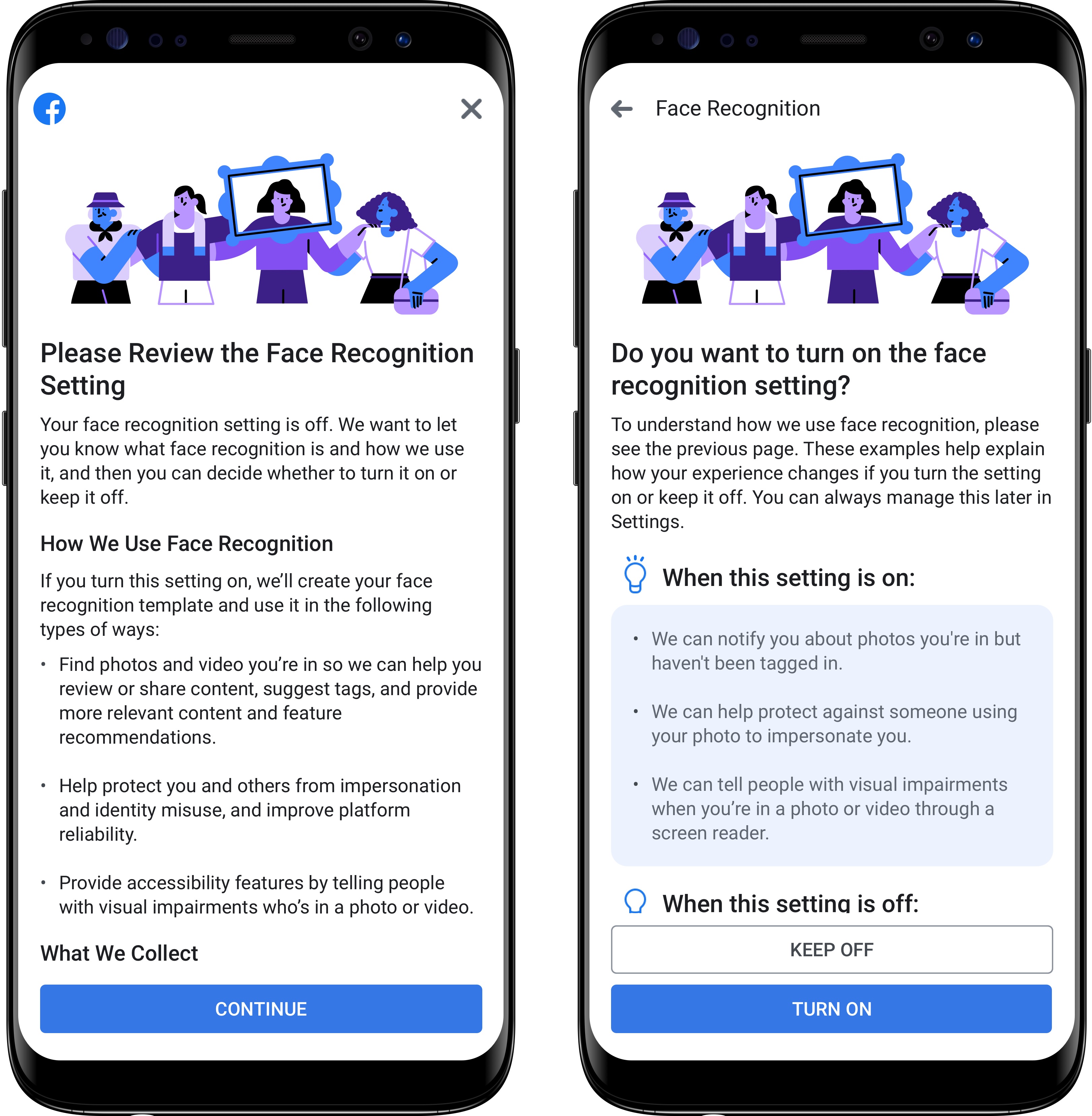 Facebook's face recognition setting review panel