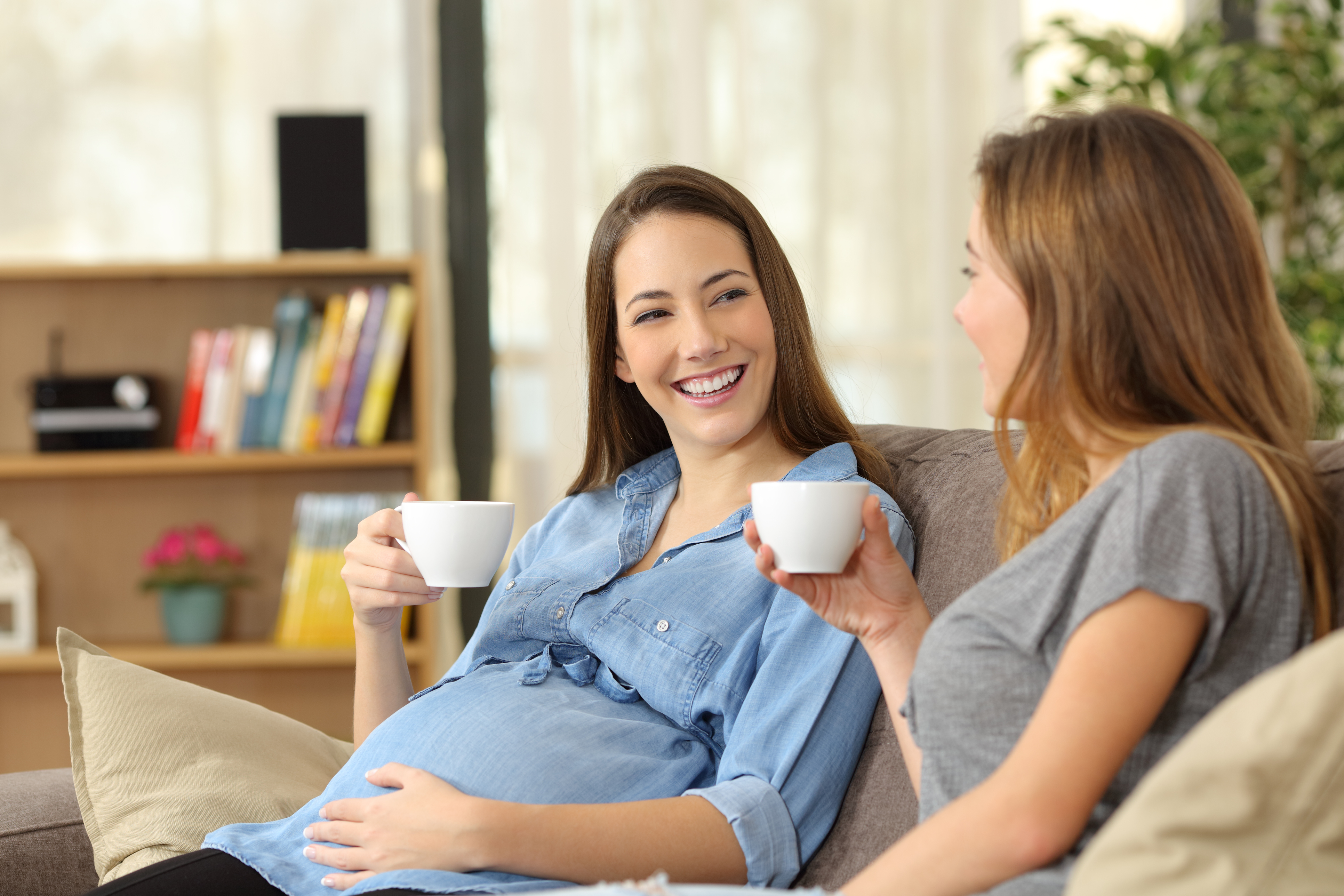 Pregnant woman talking with a friend at home