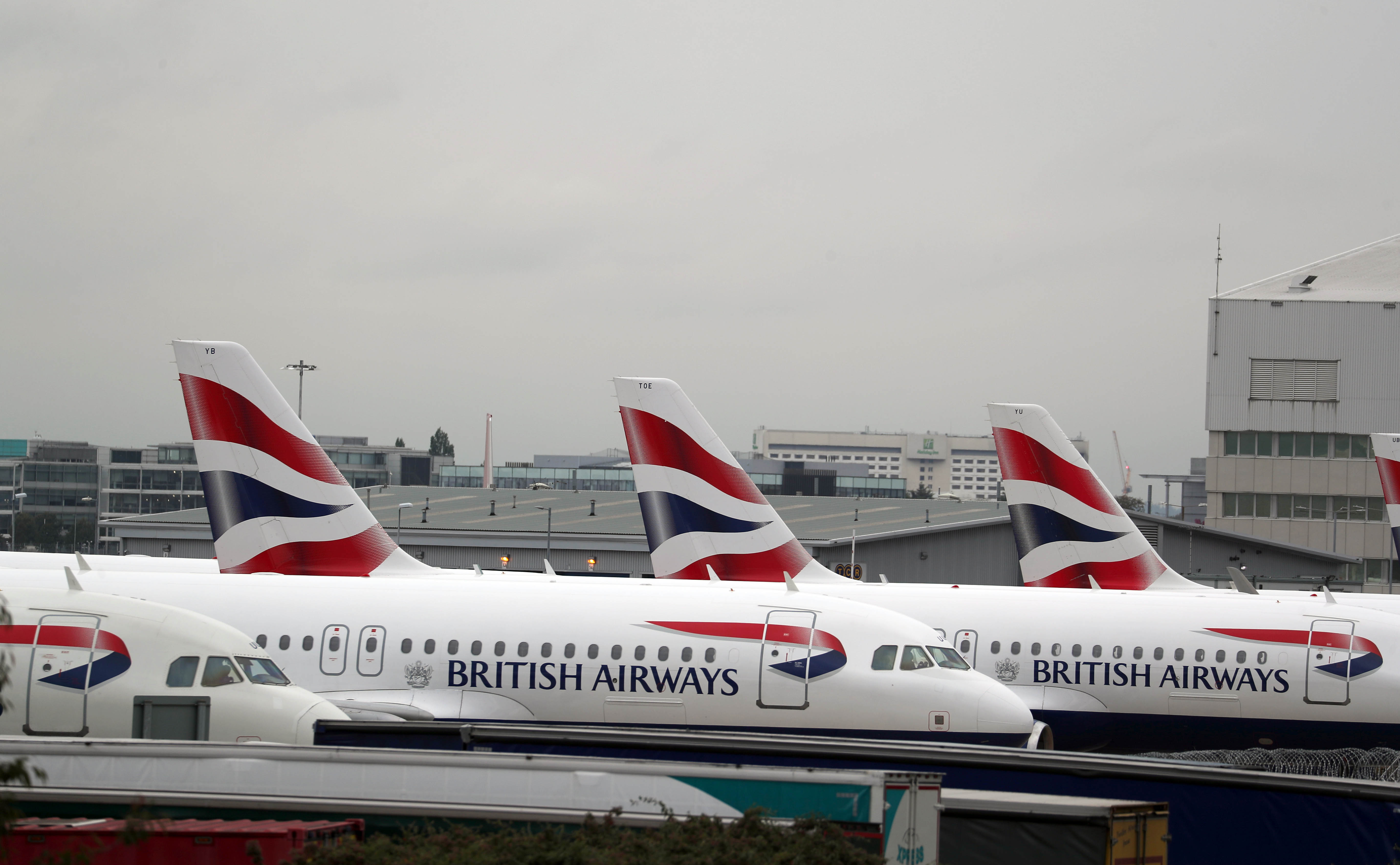 British Airways planes parked at the Engineering Base at Heathrow Airport on day one of the first-ever strike by British Airways pilots. (PA)