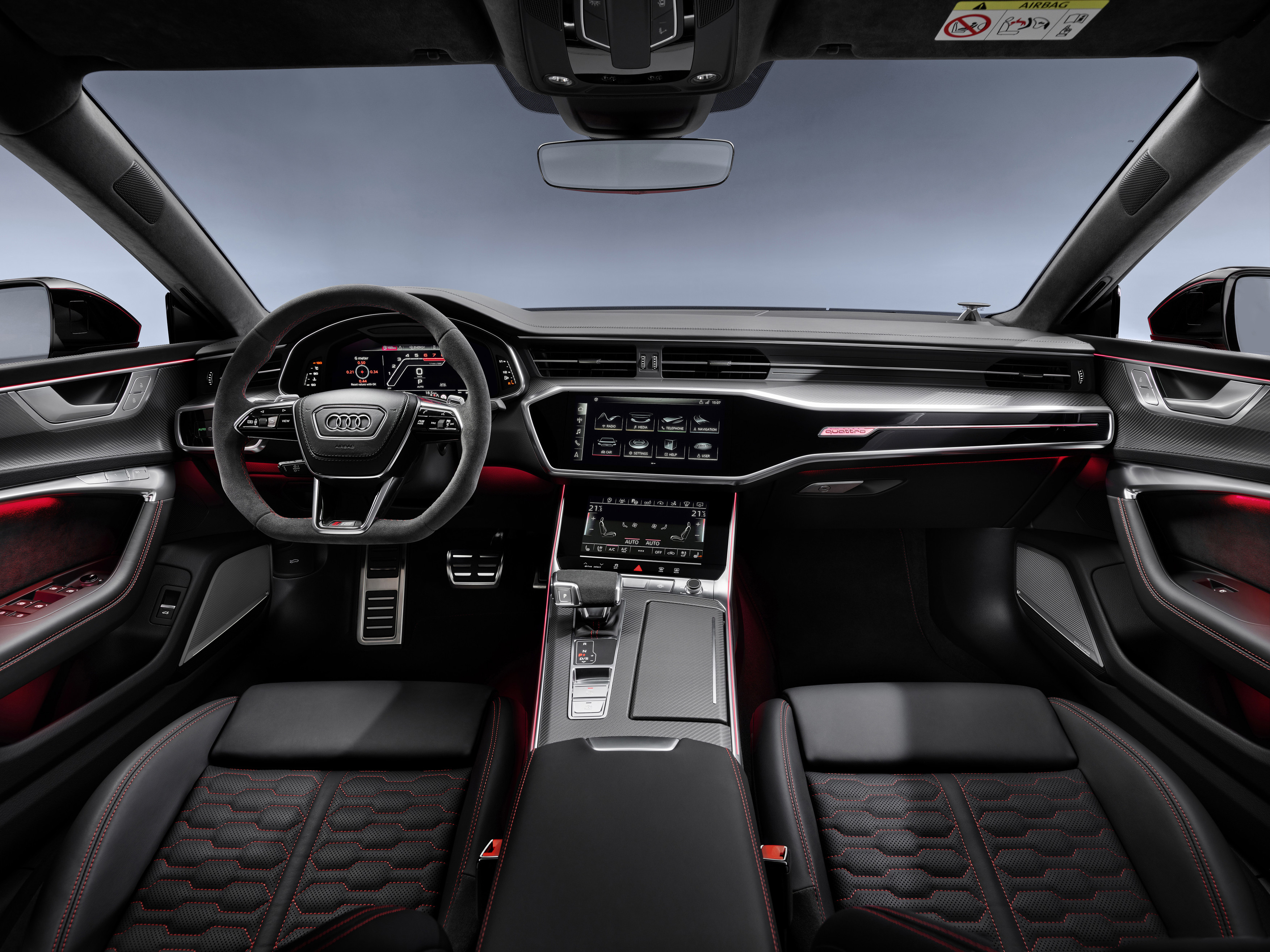 The RS 7's cabin gets sports seats and a flat-bottomed steering wheel