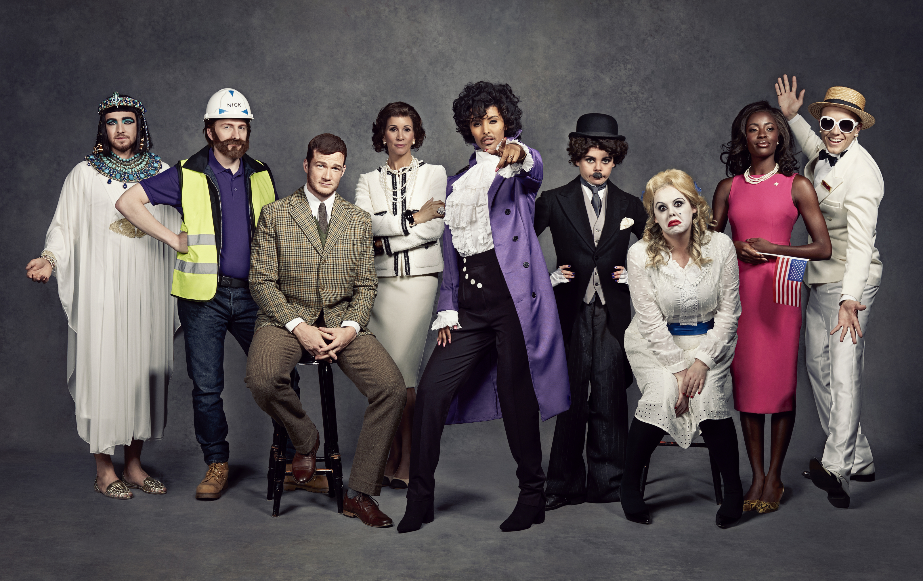 Sam Thompson, Joe Lycett, Greg Rutherford, Andrea McLean, Maya Jama, Saoirse-Monica Jackson, Roisin Conaty, AJ Odudu and Roman Kemp dressed up as trailblazers for Stand Up To Cancer