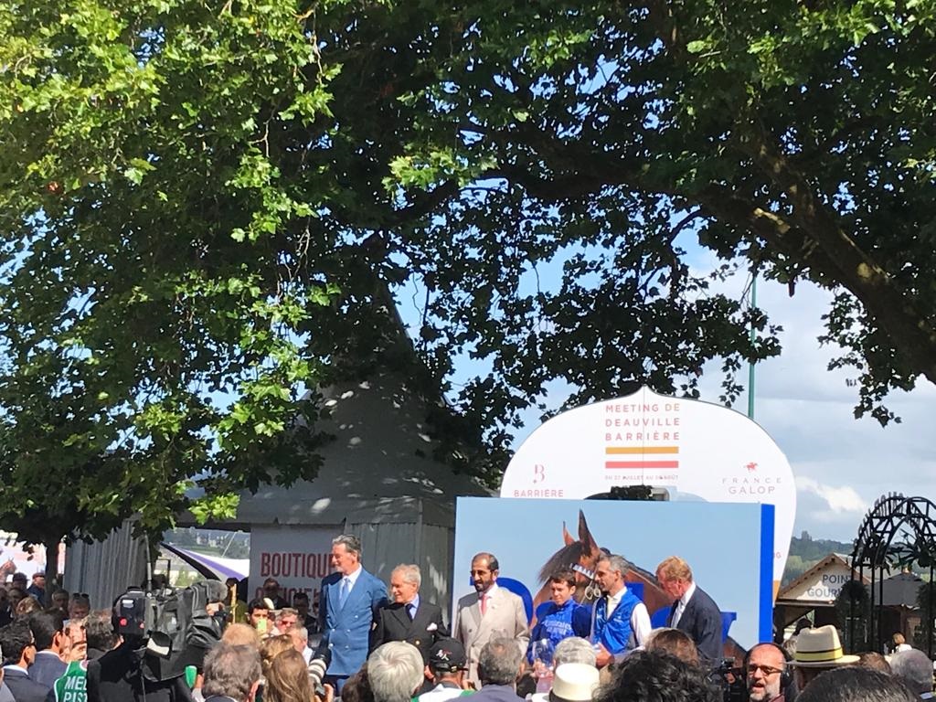 Andre Fabre with Sheikh Mohammed at the presentation ceremony following the Prix Morny