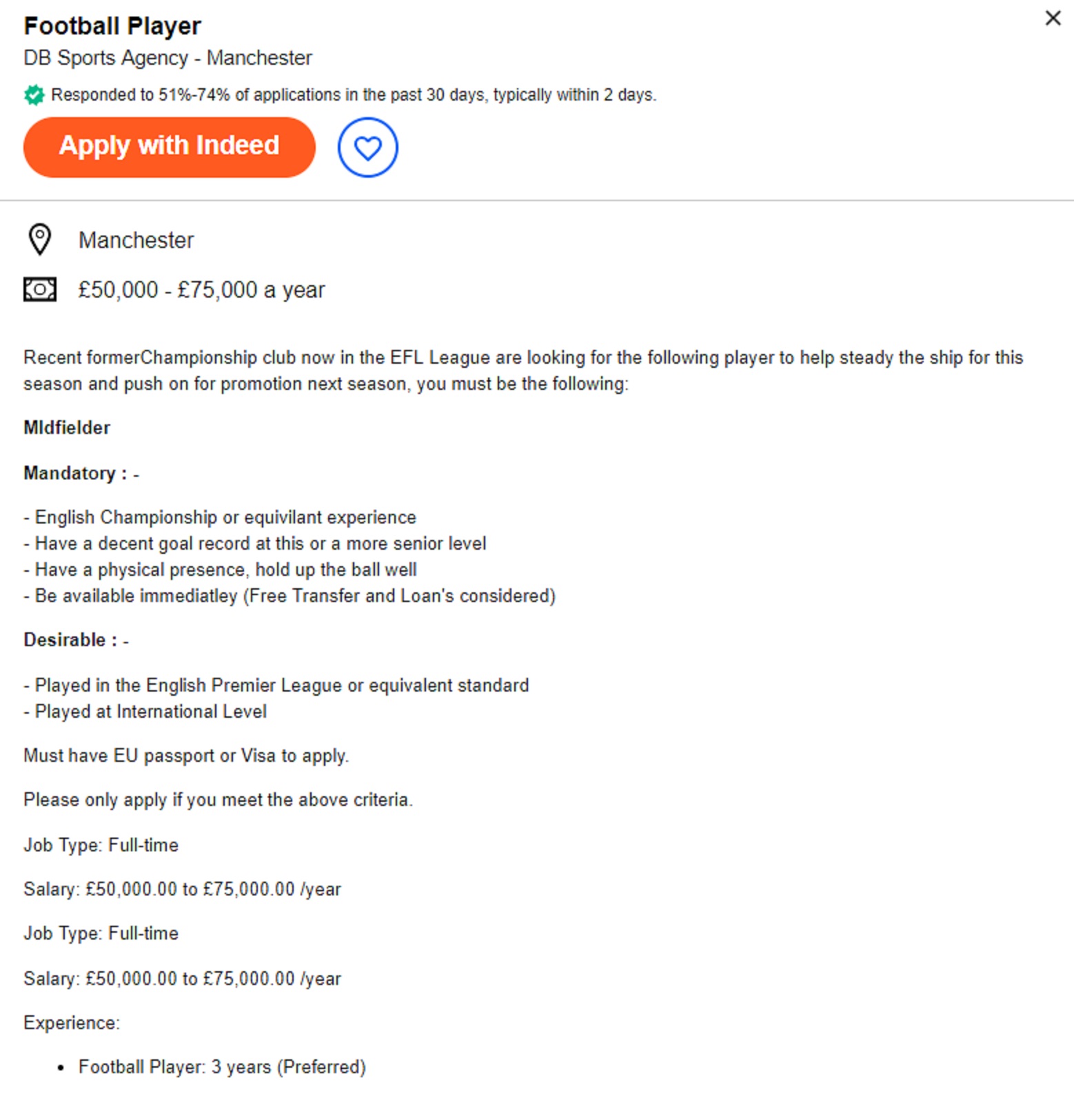 A screen grab of a job advert for a footballer