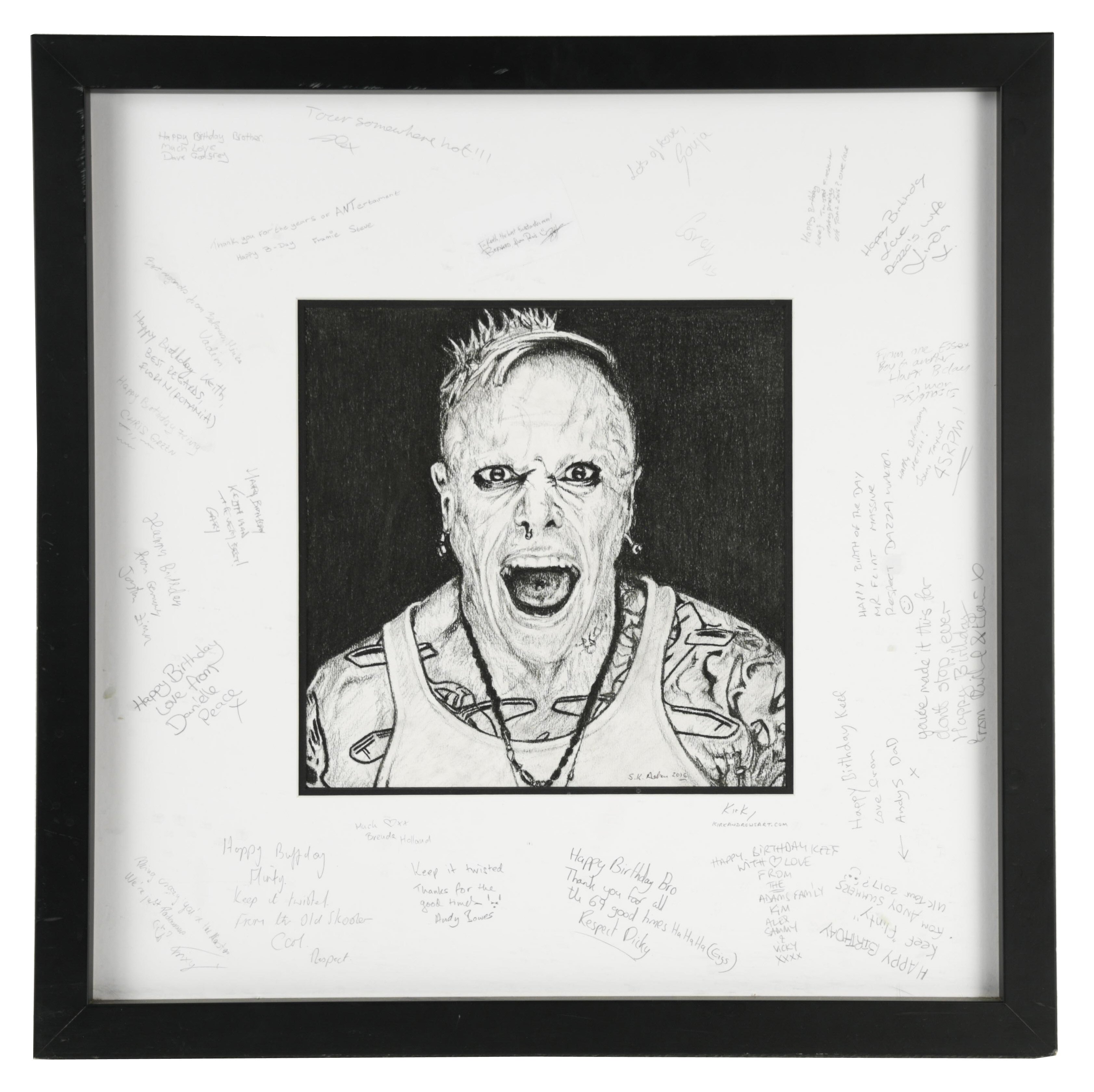 A pencil portrait of Keith Flint that was presented to him on his 47th birthday from regulars at his pub, the Leather Bottle in Pleshey, Essex, will be sold at auction. (Cheffins/ PA)