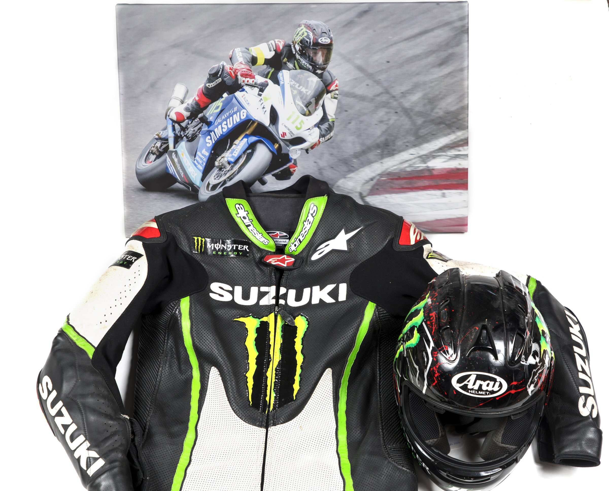 Keith Flint's motorcycle leathers and helmet, which will be sold at auction. (Cheffins/ PA)