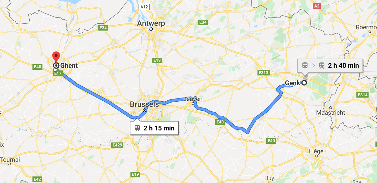 Genk and Ghent are a little over two hours apart by train (Google Maps)