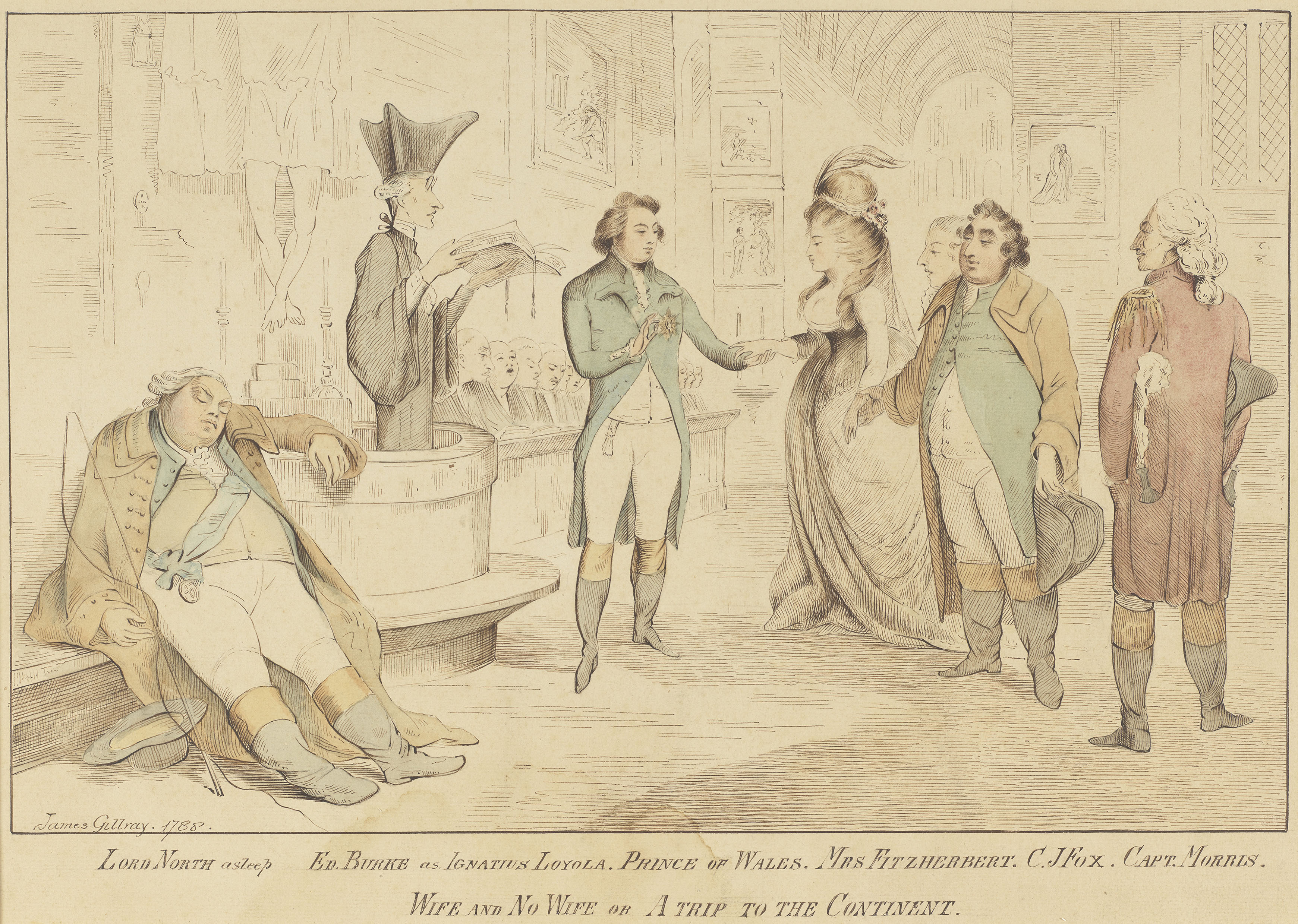 Drawings such as After James Gillray, Wife Or No Wife Or A Trip To The Continent allude to the illegal marriage of the Prince of Wales and Maria Fitzherbert