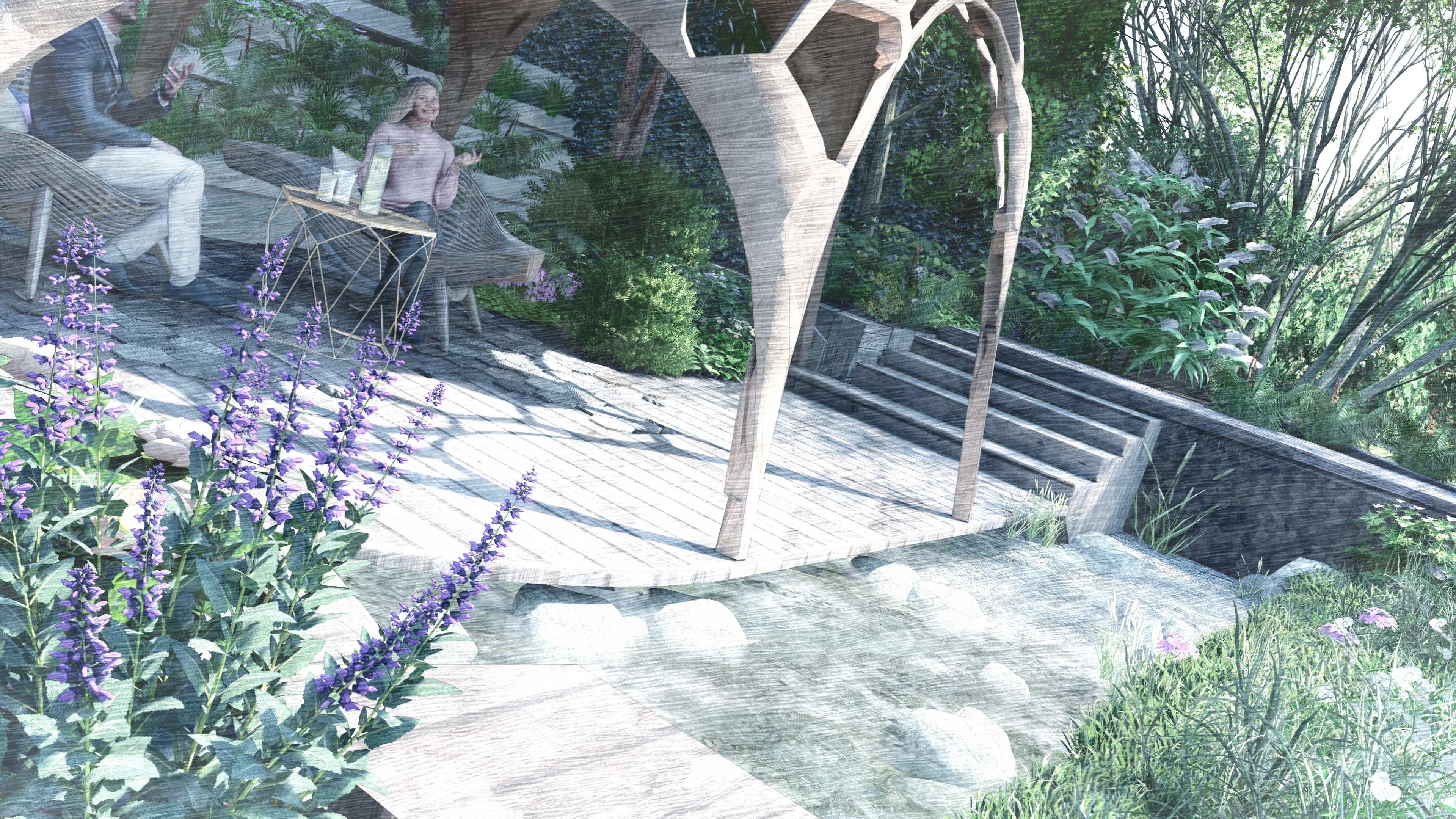 The Facebook garden by Joe Perkins focuses on trees and timber (I-Echo Visualisation/PA)
